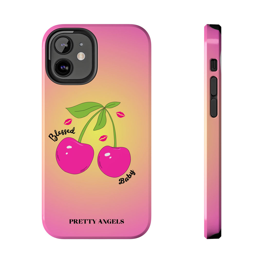 Blessed Baby Sunset Cherry Phone Case — Cute Hot Pink Cherry & Kisses