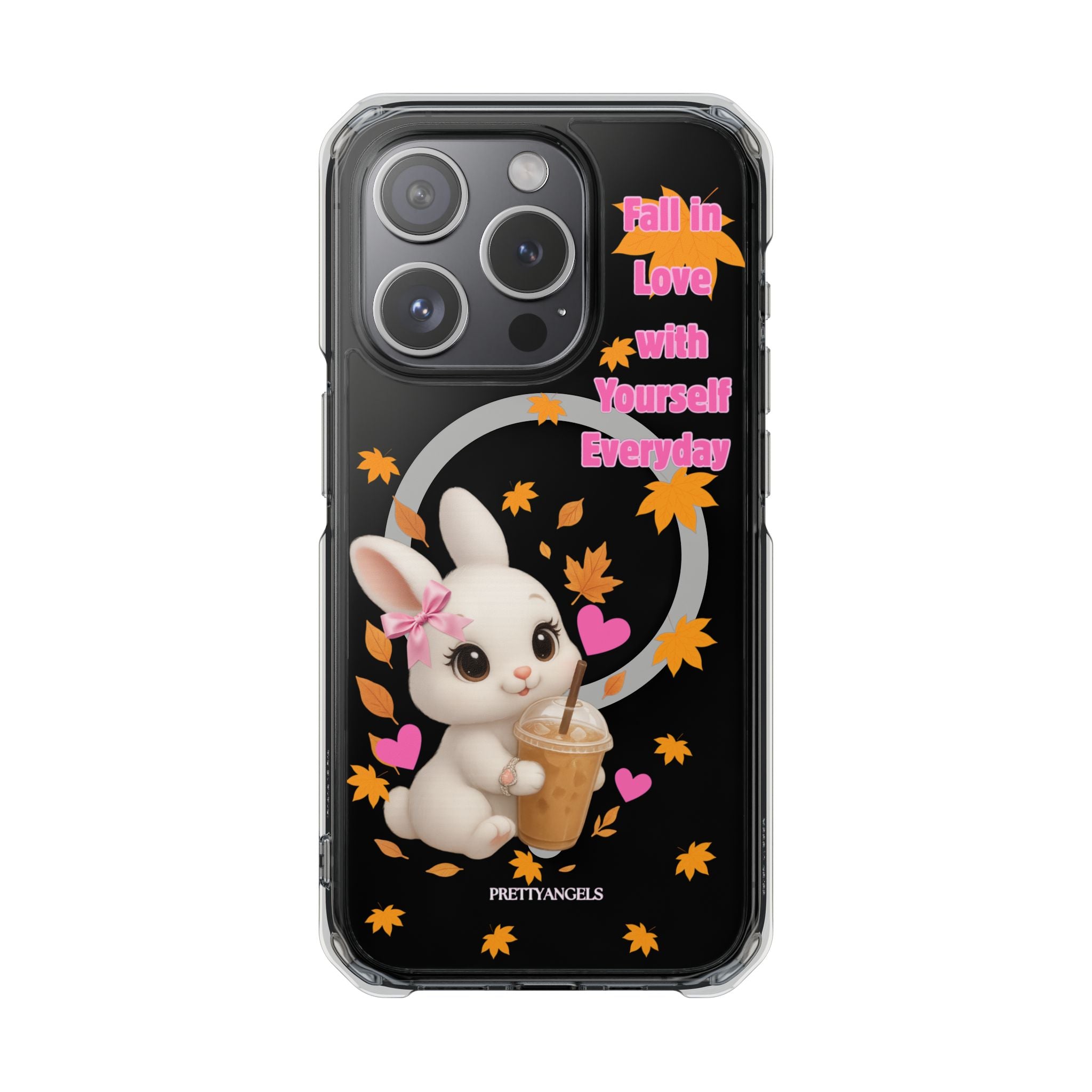 Fall in Love with Yourself Everyday – Cute White Bunny MagSafe iPhone Case with Hearts & Autumn Leaves, Luxury Aesthetic Clear Phone Cover