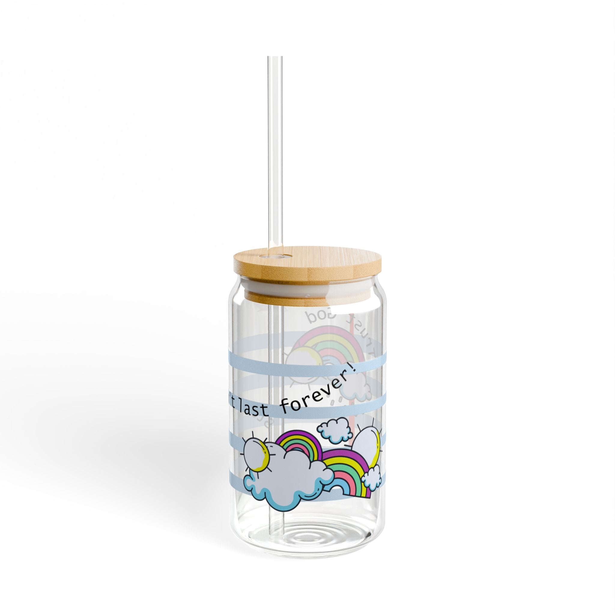 “Trust God, Storms don’t last forever!“ 16oz Clear Sipper Glass with Bamboo Lid & Tritan Straw – Cute Notebook Paper Design with Clouds & Rainbow | Faith-Based Girly Cup