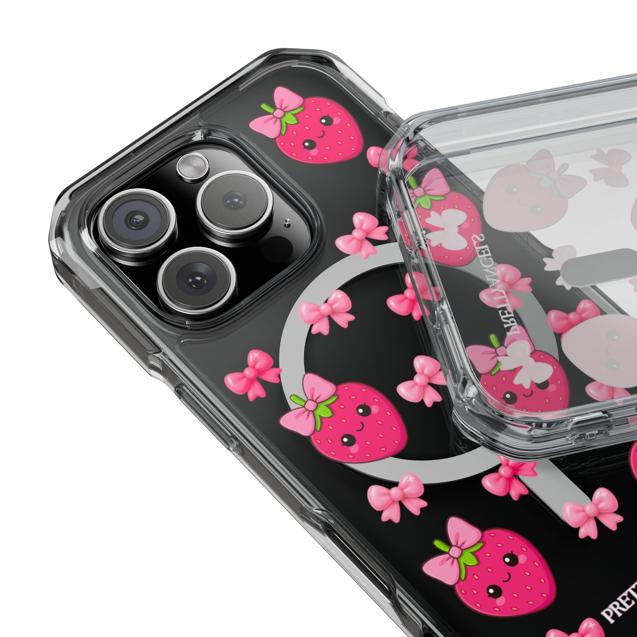 Super cute Hot Pink Strawberry MagSafe Phone Case with girly bows. Luxe clear protection, MagSafe compatible, baddie-approved iPhone case.