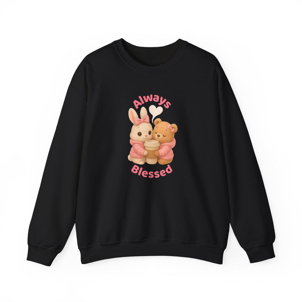 “Always Blessed” Cozy Sweatshirt – Cute Bunny & Teddy Bear in Pink Puffer Jackets Hugging a Coffee Cup | Aesthetic Girly Hoodie | Pretty Girl Cozy Gift | Winter Sweatshirt | Blessed Sweater
