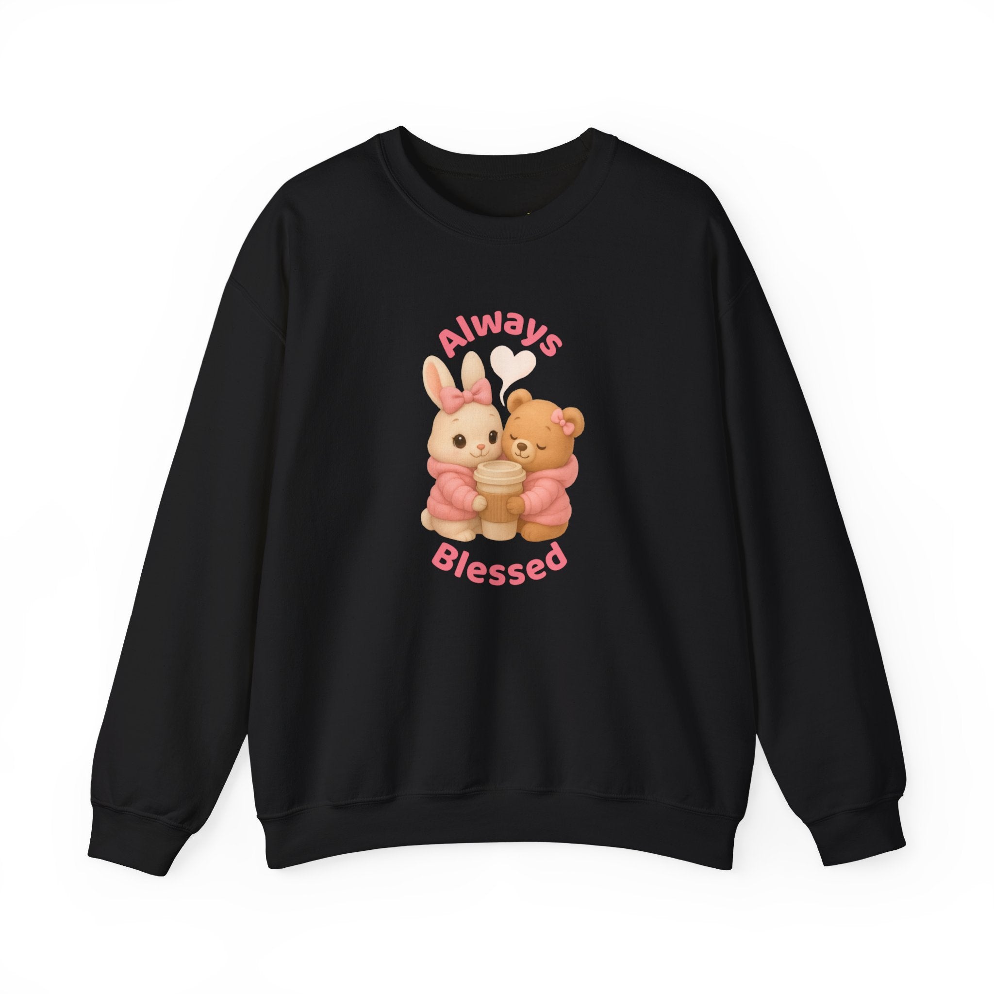“Always Blessed” Cozy Sweatshirt – Cute Bunny & Teddy Bear in Pink Puffer Jackets Hugging a Coffee Cup | Aesthetic Girly Hoodie | Pretty Girl Cozy Gift | Winter Sweatshirt | Blessed Sweater