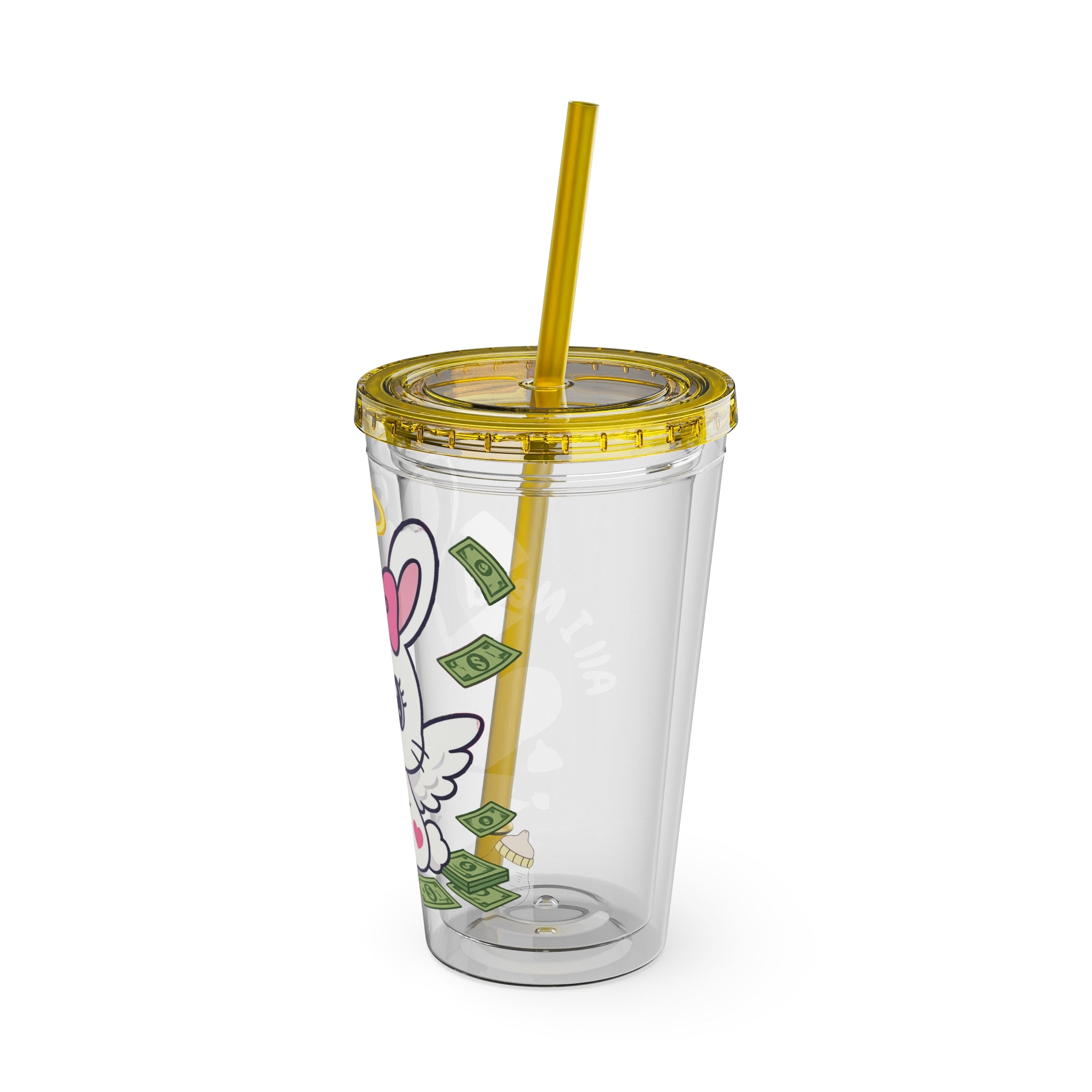 “All I Need” 16oz Acrylic Tumbler - Clear Cup with Pink Angel Bunny, Baby Bottles & Money | Cute Girly Cup for Soft Spoiled Baddies