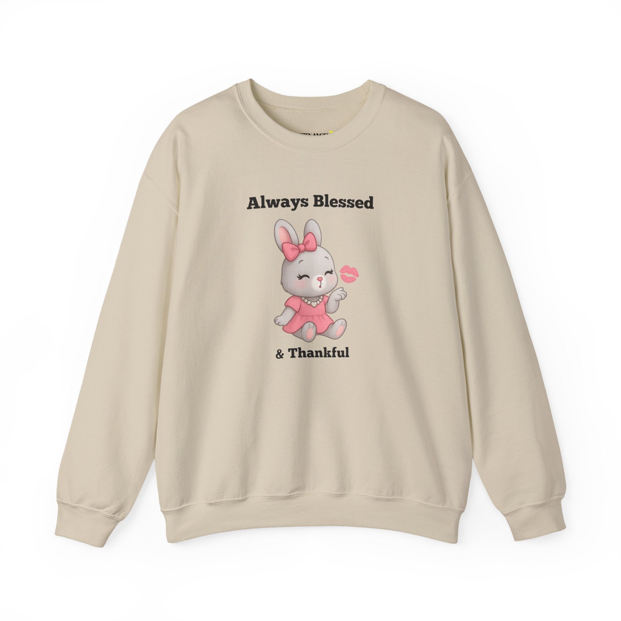 Always Blessed & Thankful™ Bunny Kiss Sweatshirt – Ethically Made Cozy Unisex Sweater for Pretty Girls (White, Sand, Light Pink, Heather Gray)
