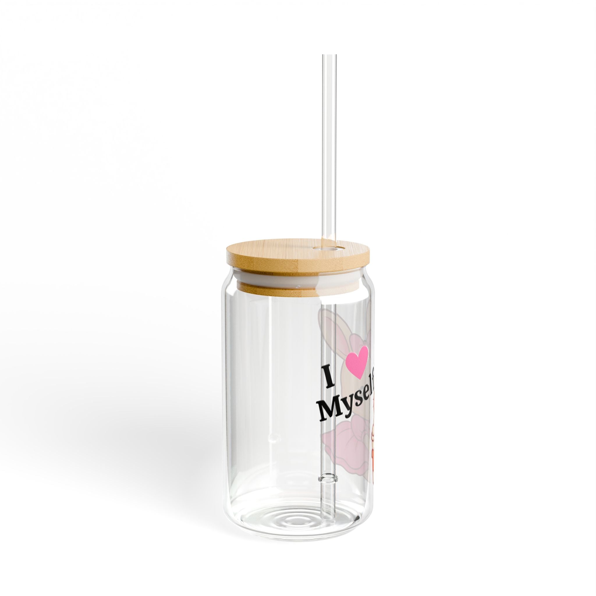 I (heart) Myself 16oz Clear Sipper Glass with Bamboo Lid & Tritan Straw – Cute Bunny with Pink Bow | Self-Love Aesthetic Girly Cup
