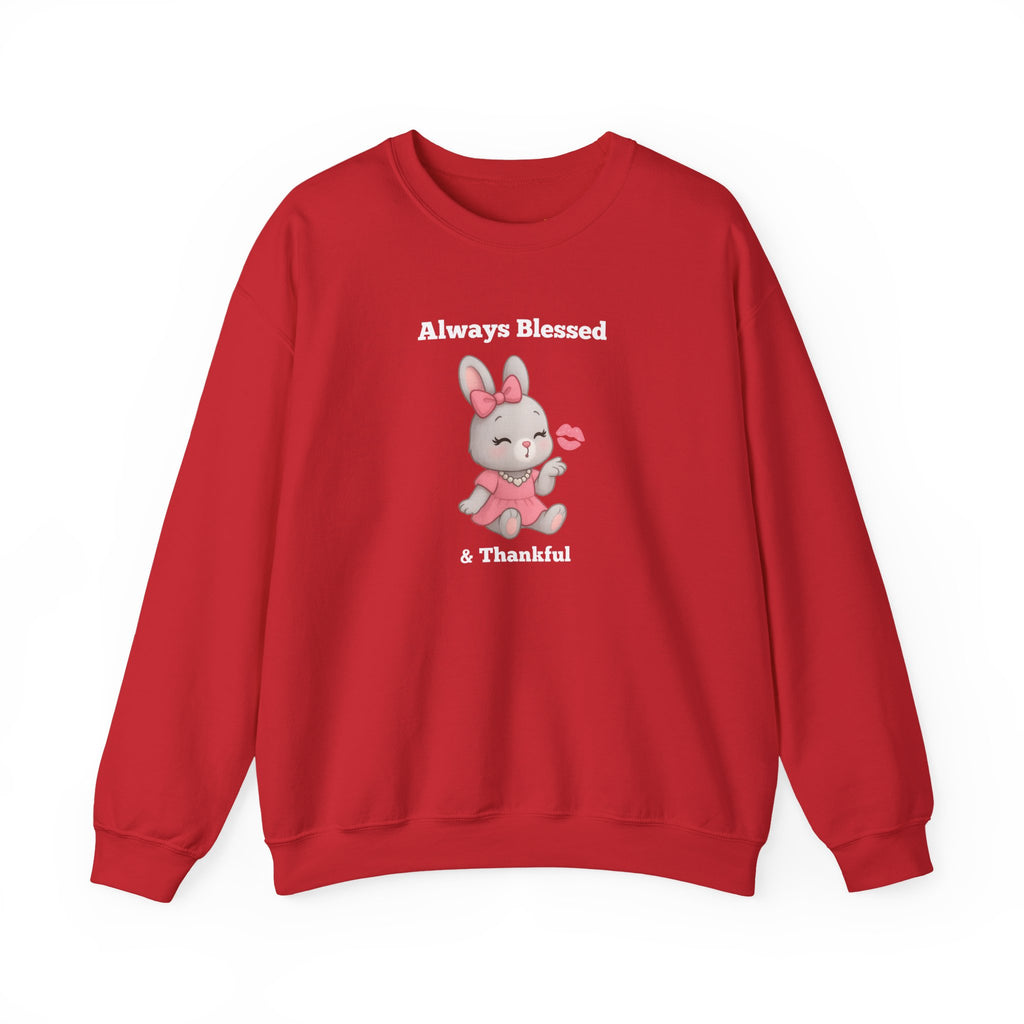 Always Blessed & Thankful™ Bunny Kiss Sweatshirt – Luxe Unisex Cozy Graphic Sweater for Pretty Girls (Black, Maroon, Light Blue, Heliconia, Red)