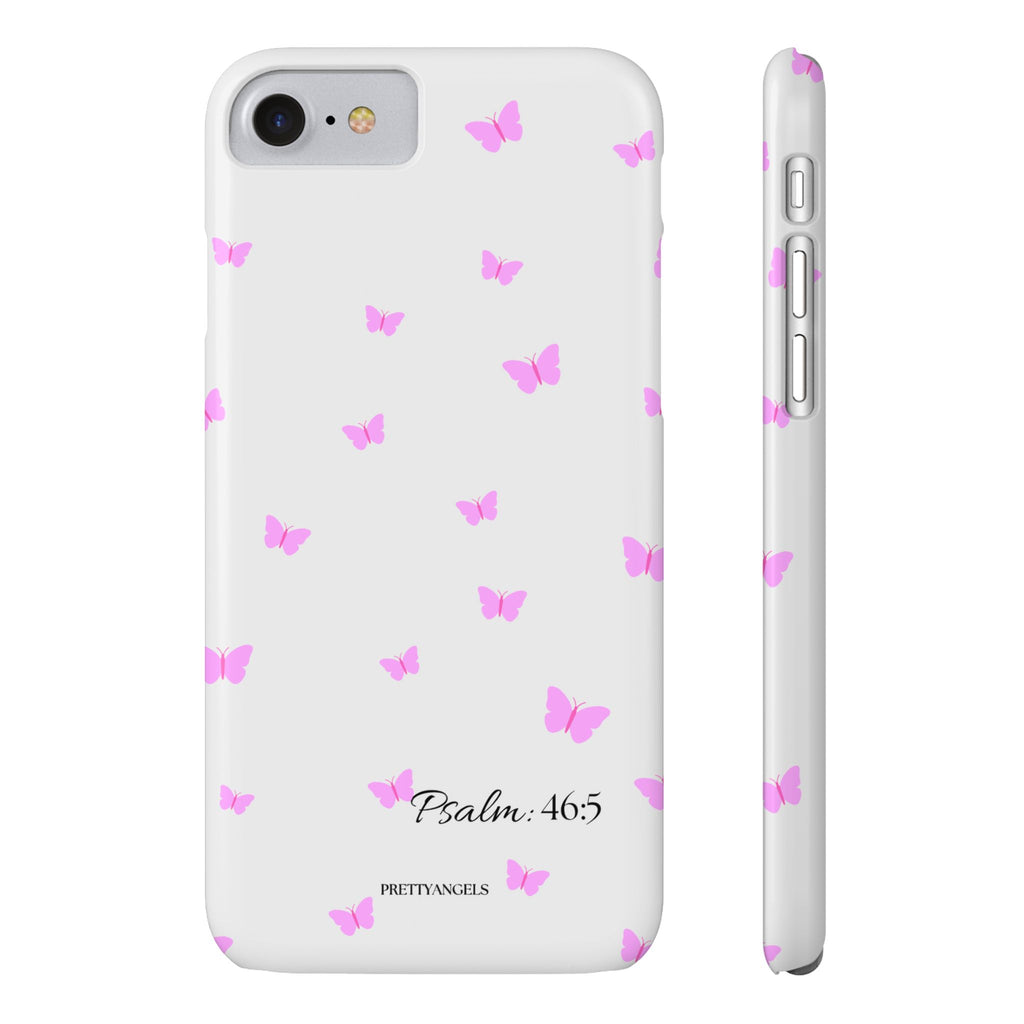 “Psalm 46:5 Phone Case - Minimalist Slim White Aesthetic Cover with Light Pink/Lavender Butterfly Pattern for Soft Faith-Filled Girls”