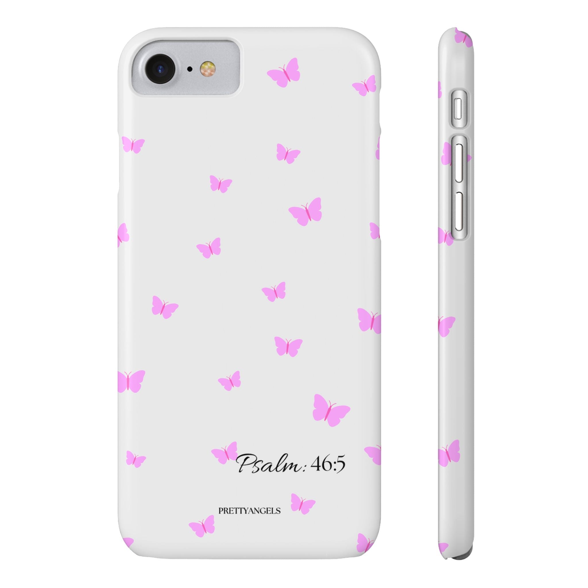 “Psalm 46:5 Phone Case - Minimalist Slim White Aesthetic Cover with Light Pink/Lavender Butterfly Pattern for Soft Faith-Filled Girls”