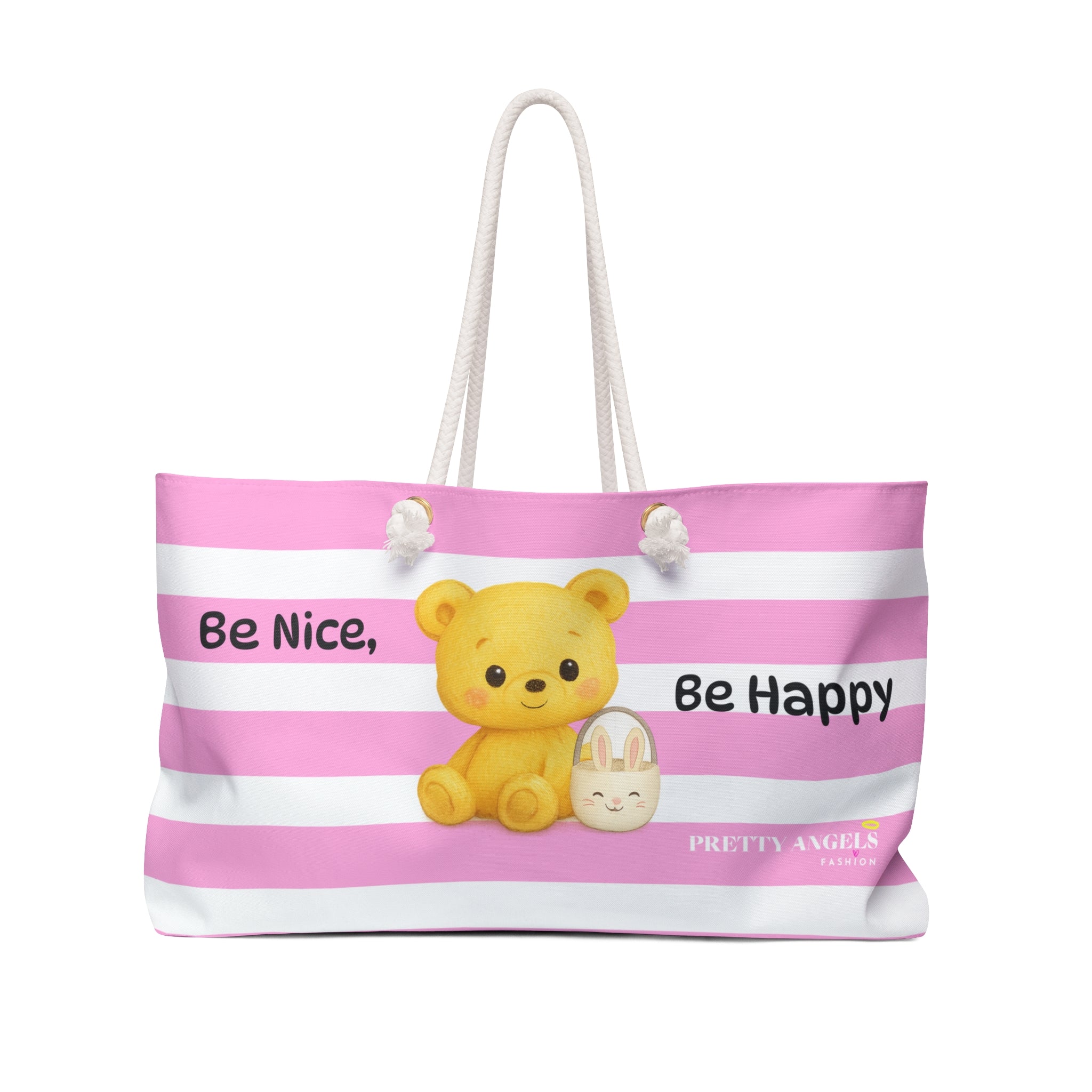 Light Pink Stripped “Be Nice, Be Happy” Weekender Tote - Cute Teddy Bear Aesthetic Travel Bag for Rich Girls