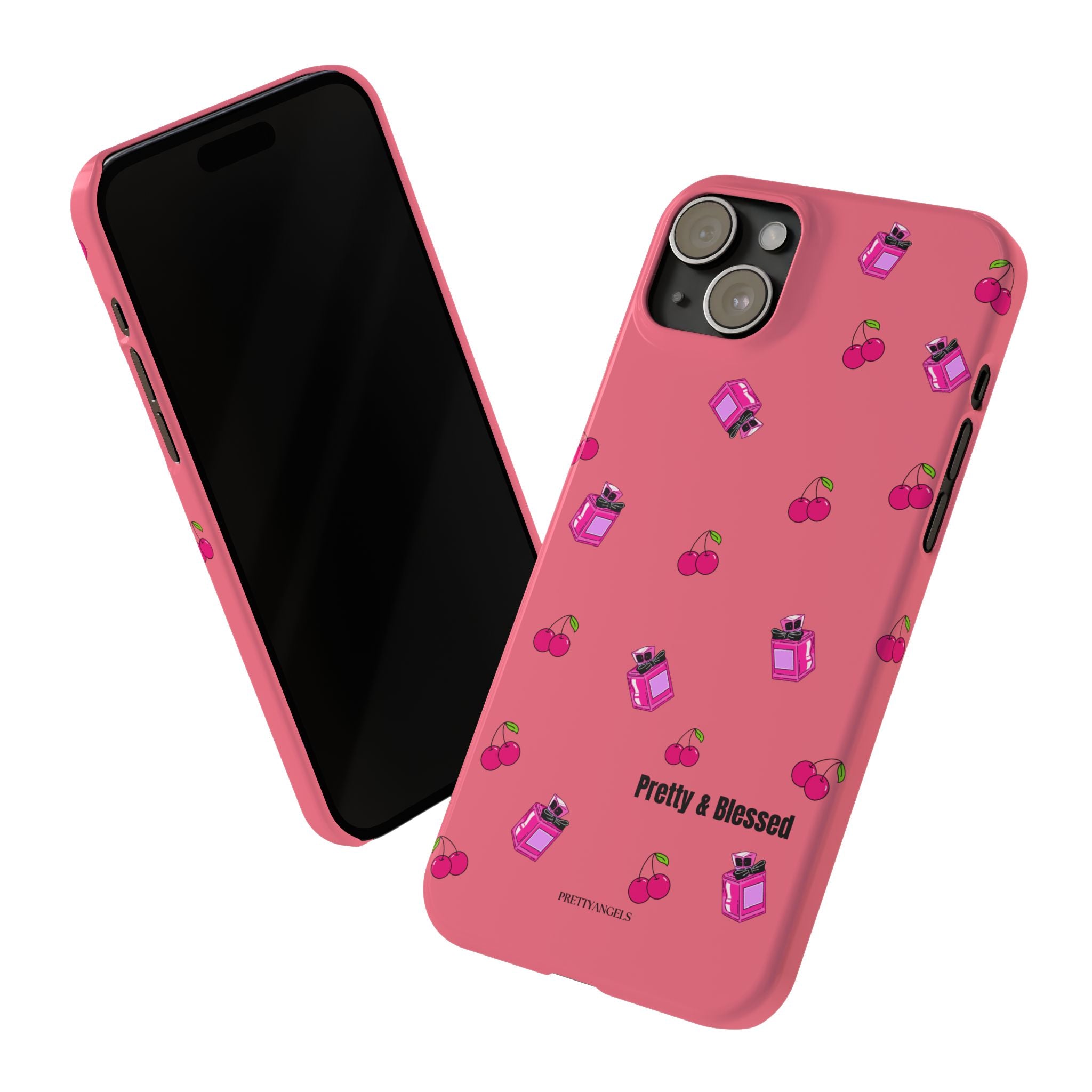 Pretty & Blessed Phone Case - Peachy Slim Cover with Hot Pink Cherry & Perfume Pattern Aesthetic for Girly Girls Who Love Cute & Pretty Vibes