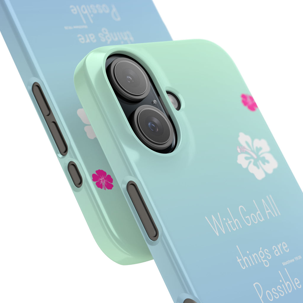 “With God All Things Are Possible” Phone Case - Ocean Barbie Aesthetic Slim Case Cover in Teal Blue Ombré with Hot Pink & White Hibiscus Flowers