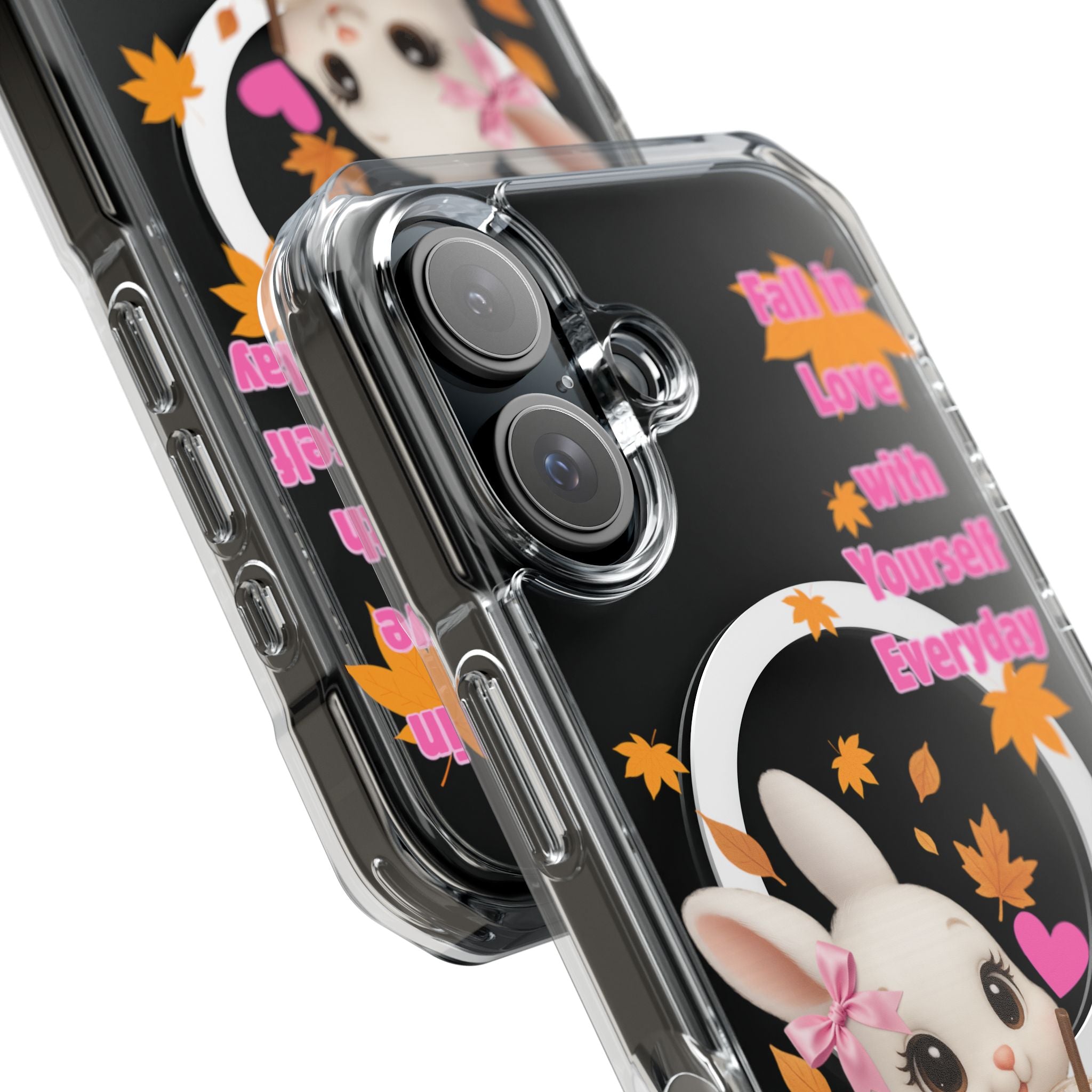 Fall in Love with Yourself Everyday – Cute White Bunny MagSafe iPhone Case with Hearts & Autumn Leaves, Luxury Aesthetic Clear Phone Cover