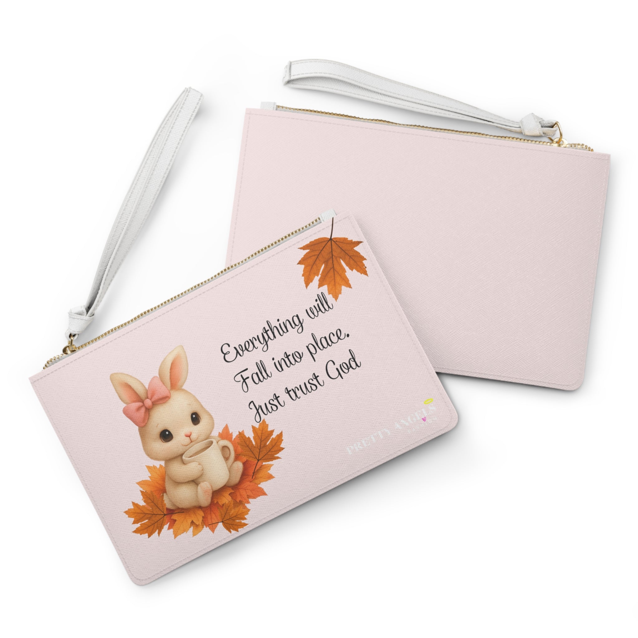 Cute Luxury Fall Makeup Bag – Autumn Bunny Design with Leaves & “Everything Will Fall Into Place, Just Trust God” Quote (Polyurethane Leather, 9.5” x 6.6”