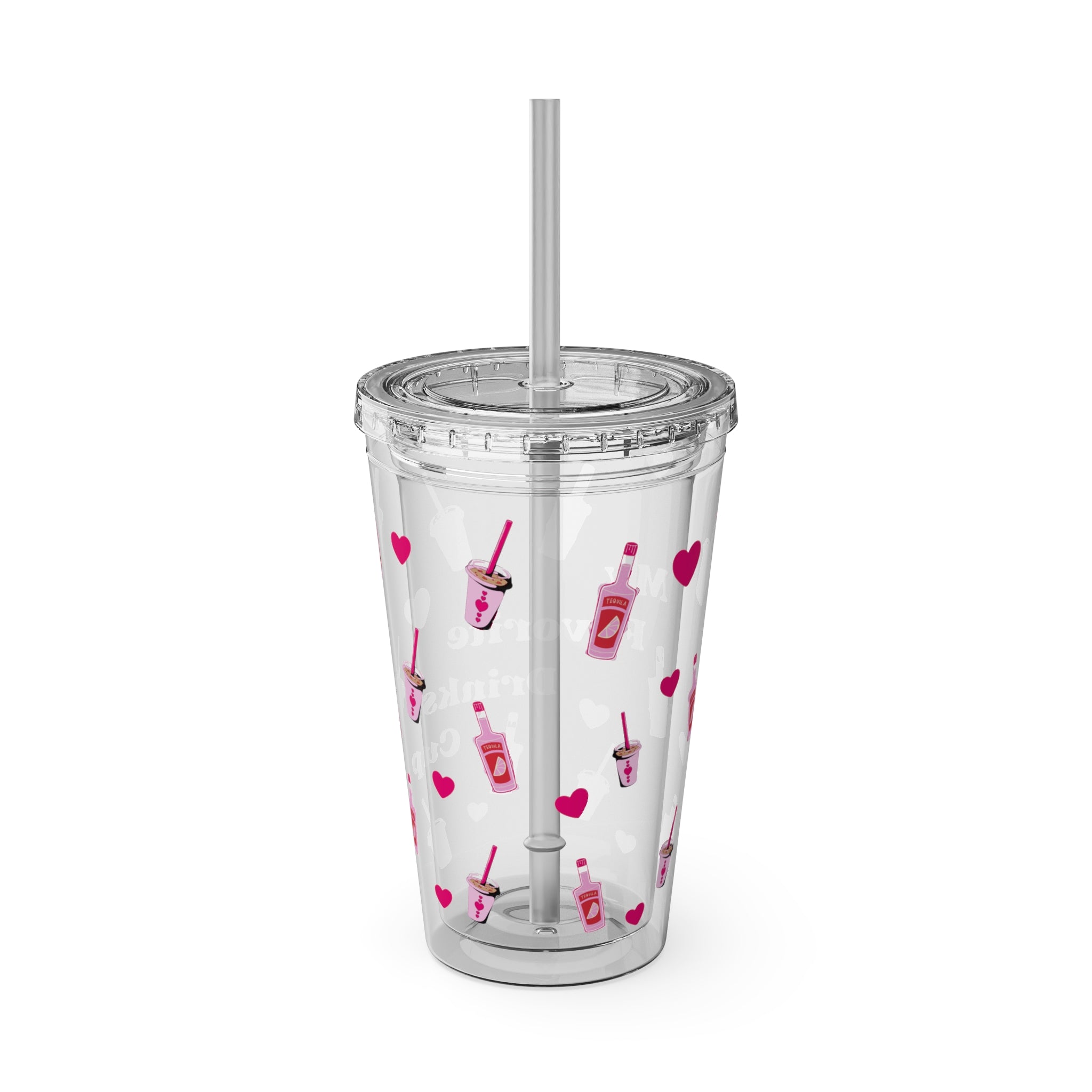 “My Favorite Drinks Cup” - 16oz Clear Acrylic Tumbler with Hot Pink Hearts & Girly Drink Patterns | Fun Party Girl Cup for Baddies