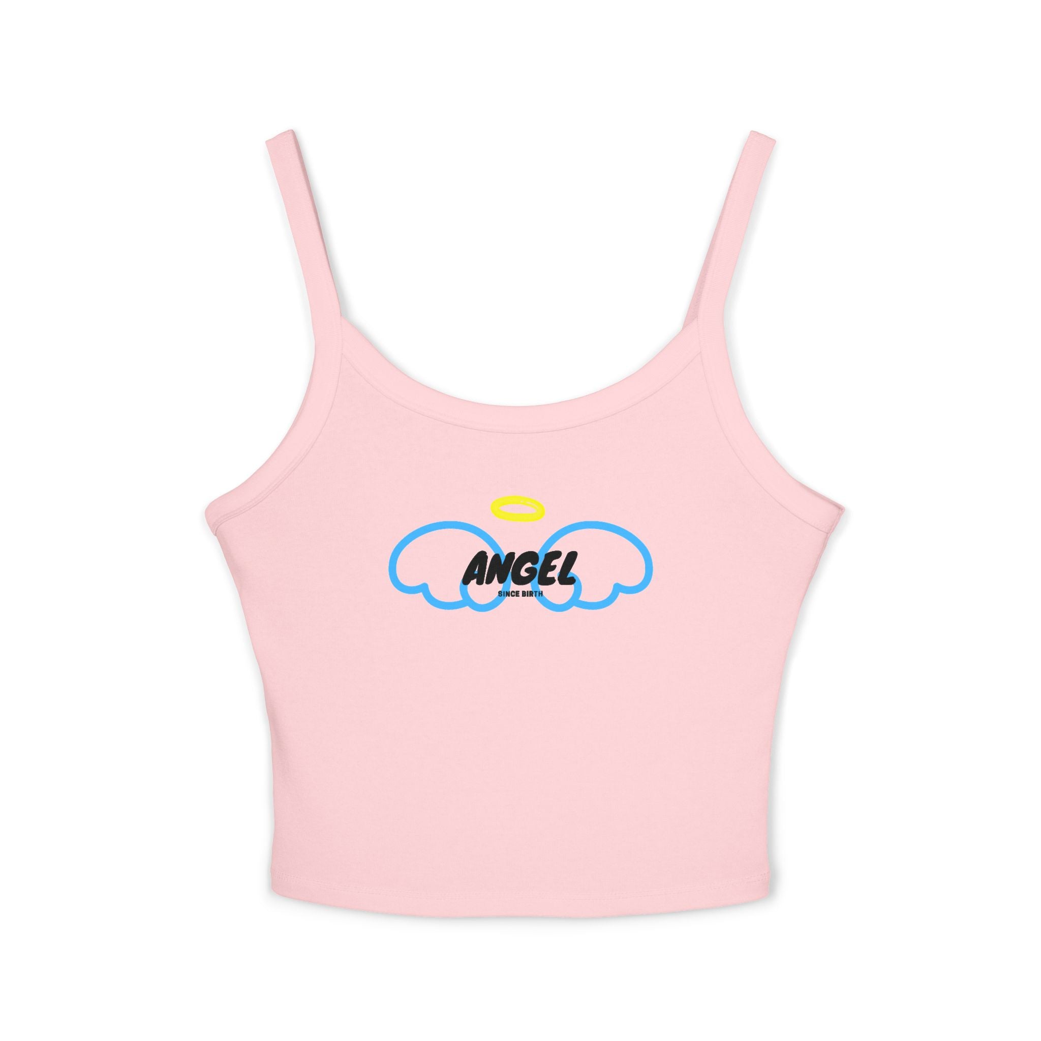 “Angel Since Birth” Tank Top - White & Pink Crop Top with Blue Wings | Girly Soft Aesthetic Shirt for Baddie Girls | Cute Bella+Canvas Fit