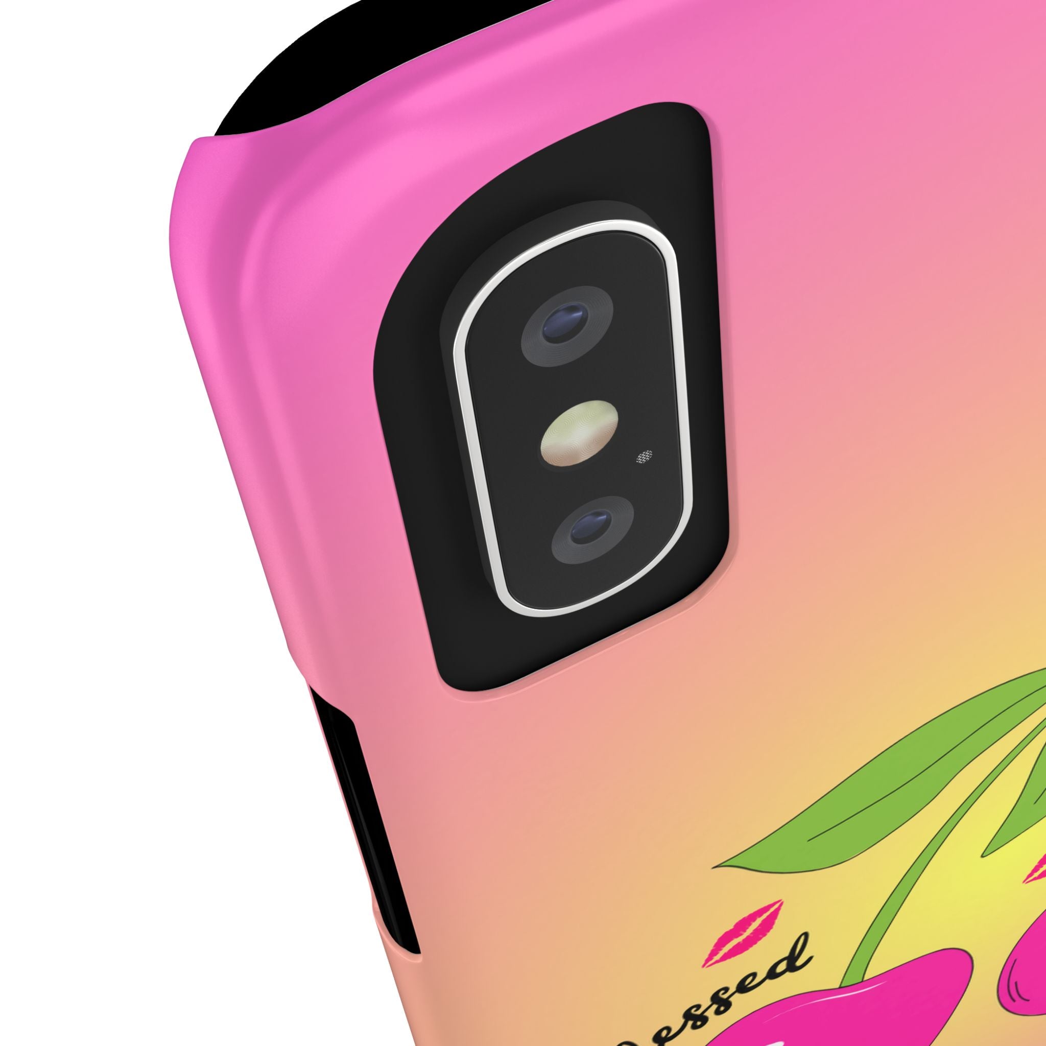 “Blessed Baby Pink & Yellow Ombré Phone Case - Slim Barbie Aesthetic Cover with Hot Pink Cherries and Kisses”