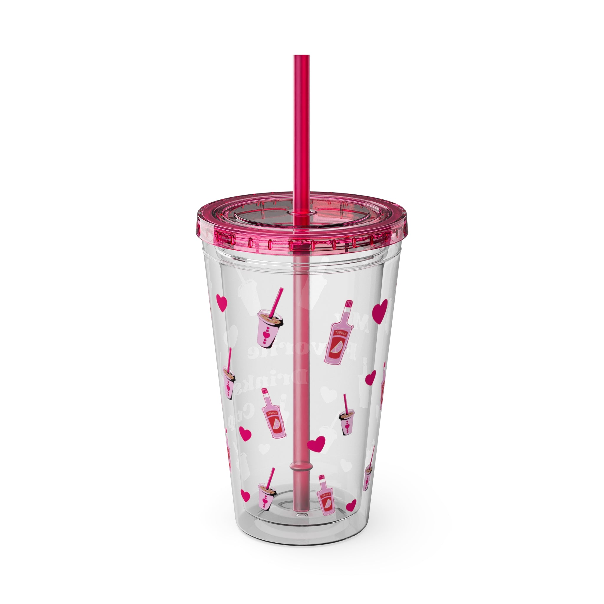 “My Favorite Drinks Cup” - 16oz Clear Acrylic Tumbler with Hot Pink Hearts & Girly Drink Patterns | Fun Party Girl Cup for Baddies