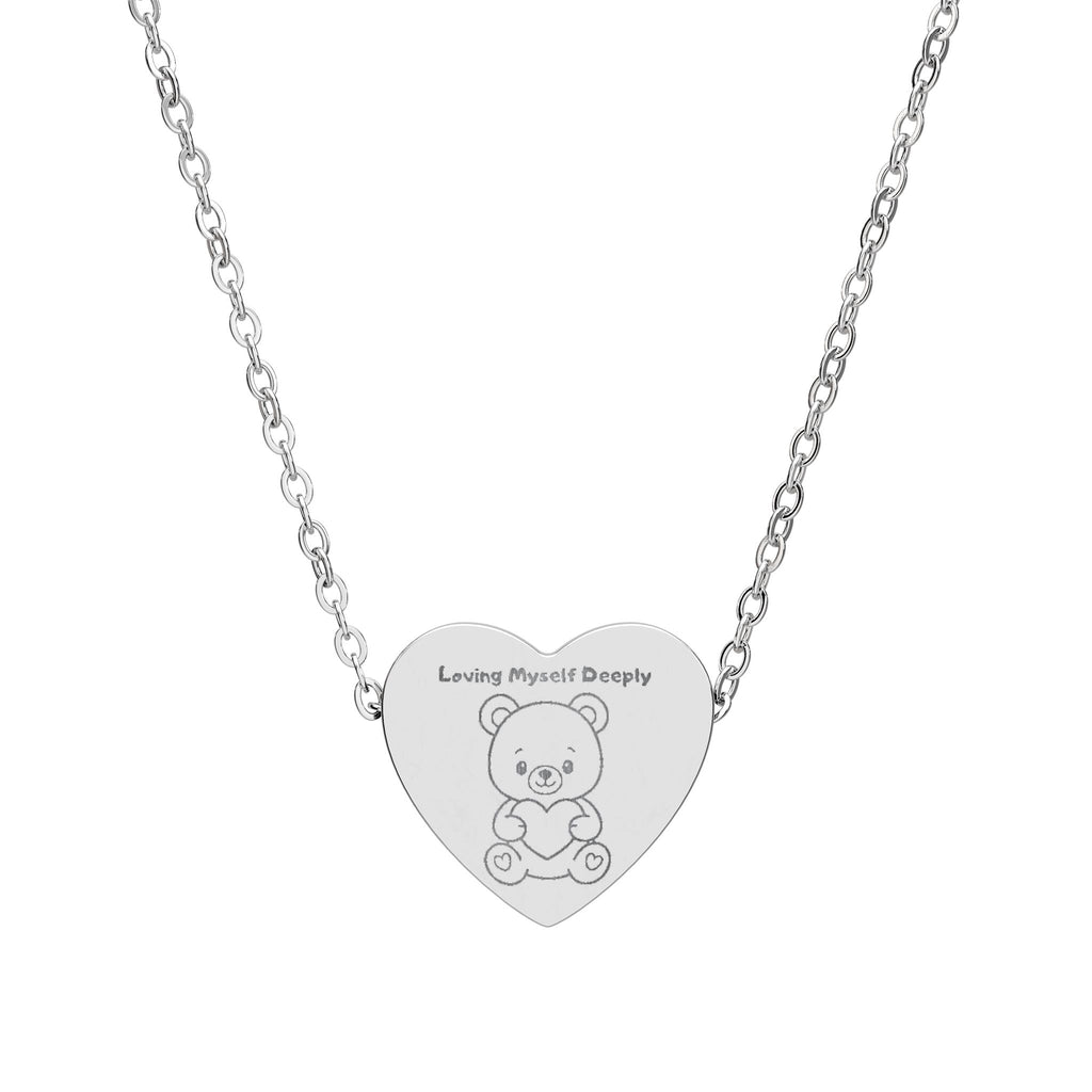 Loving Myself Deeply Heart Necklace — Cute Teddy Bear Engraved Pendant
