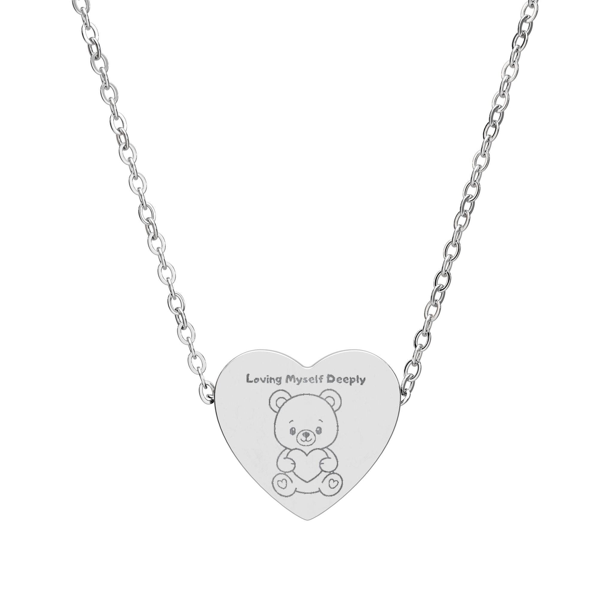 Loving Myself Deeply Heart Necklace — Cute Teddy Bear Engraved Pendant