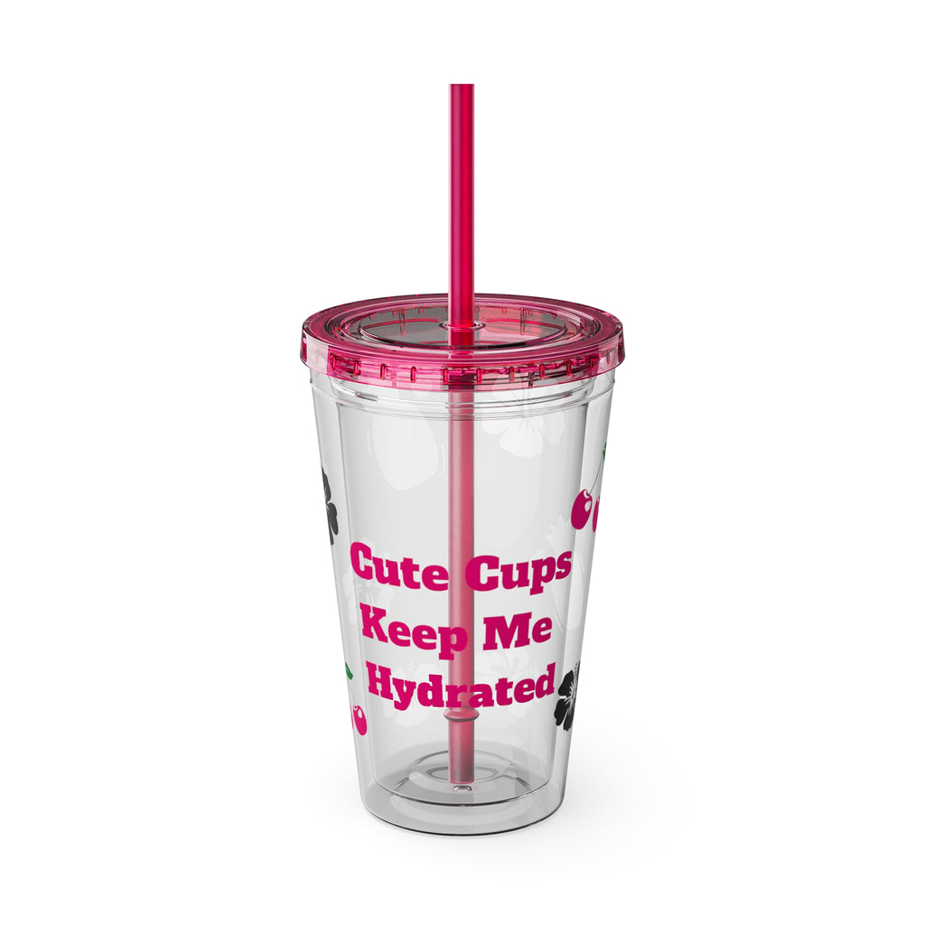 Clear Barbie Baddie Tumbler - 16oz Acrylic Cup with Lid & Flexible Straw | “Cute Cups Keep Me Hydrated” with Hot Pink Cherries, Hibiscus & Pineapples