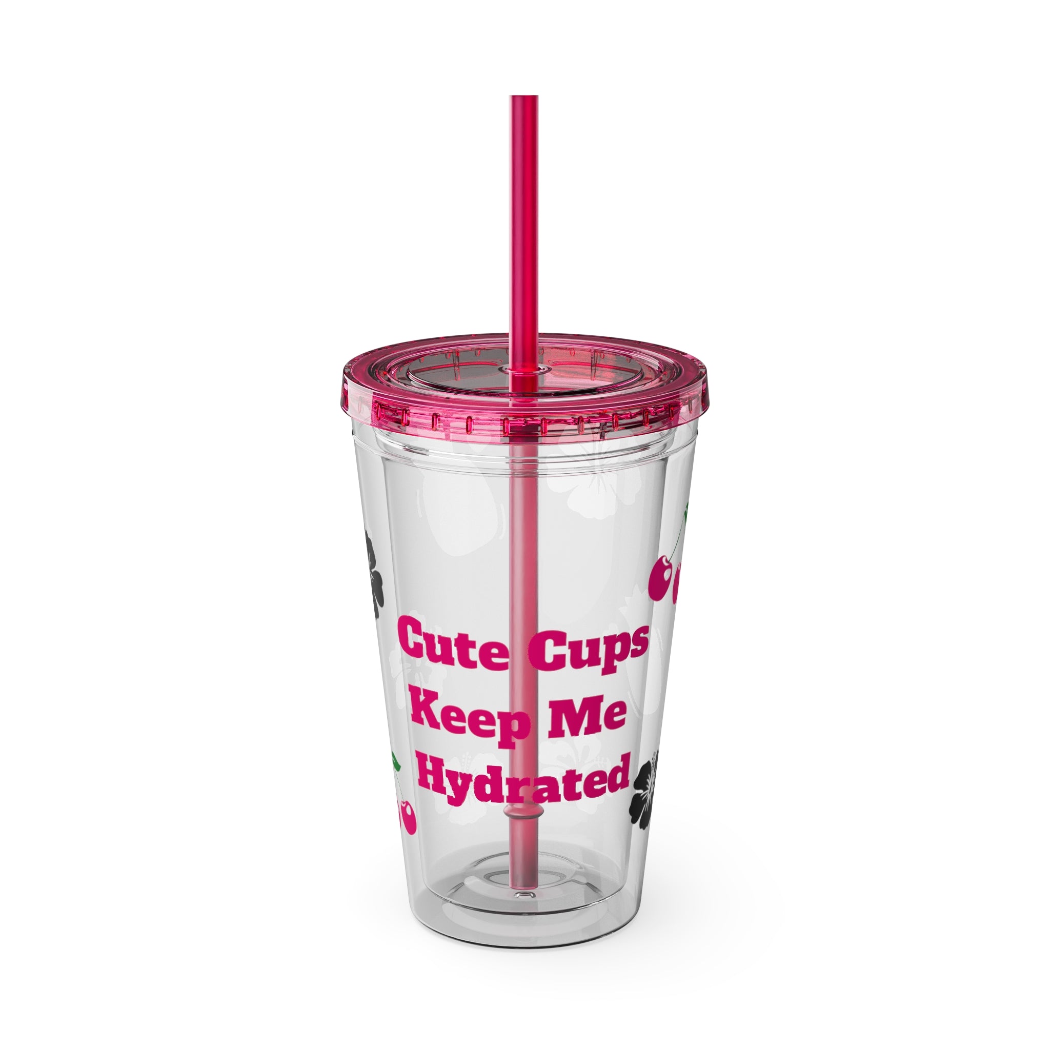 Clear Barbie Baddie Tumbler - 16oz Acrylic Cup with Lid & Flexible Straw | “Cute Cups Keep Me Hydrated” with Hot Pink Cherries, Hibiscus & Pineapples