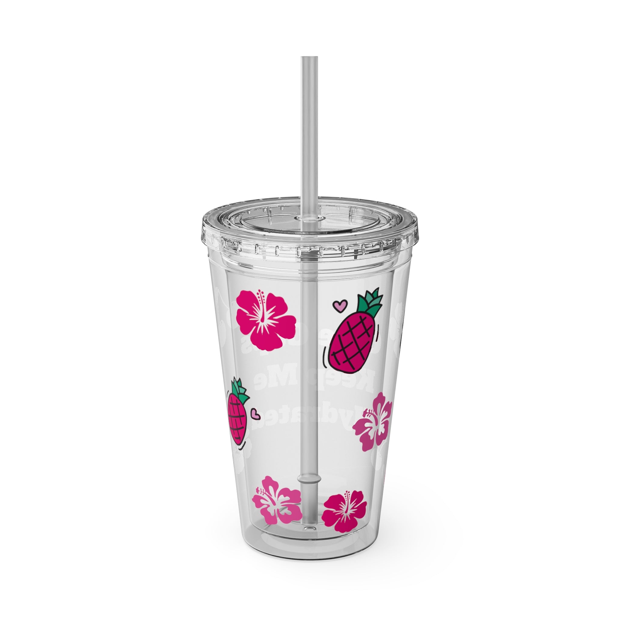 Clear Barbie Baddie Tumbler - 16oz Acrylic Cup with Lid & Flexible Straw | “Cute Cups Keep Me Hydrated” with Hot Pink Cherries, Hibiscus & Pineapples