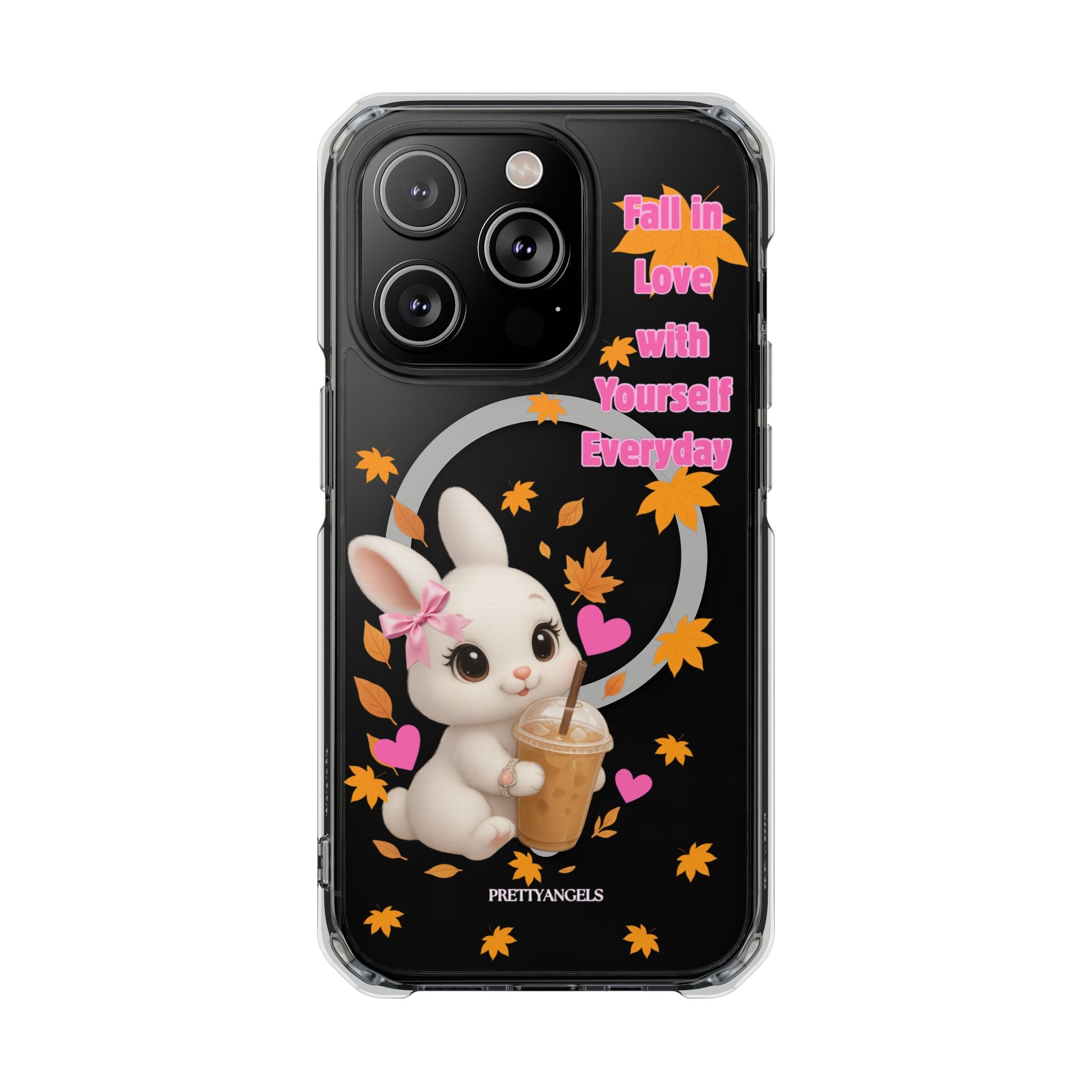 Fall in Love with Yourself Everyday – Cute White Bunny MagSafe iPhone Case with Hearts & Autumn Leaves, Luxury Aesthetic Clear Phone Cover