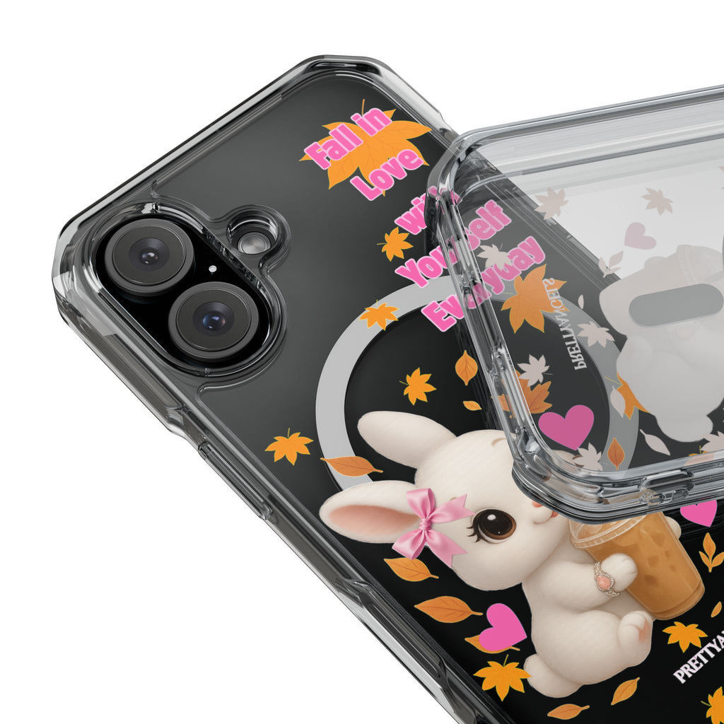 Fall in Love with Yourself Everyday – Cute White Bunny MagSafe iPhone Case with Hearts & Autumn Leaves, Luxury Aesthetic Clear Phone Cover