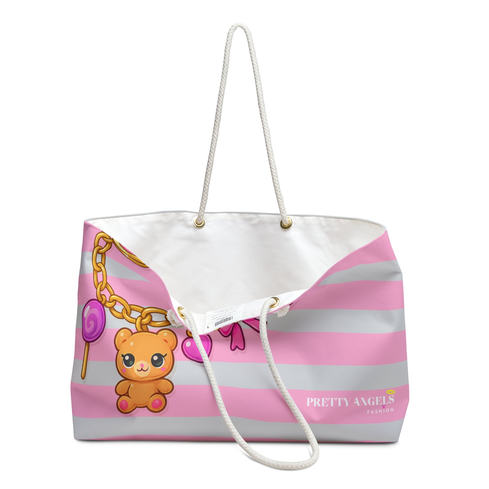 Pink & Grey Striped Weekender Bag with Cute Charm Bracelet - Luxury Aesthetic Tote for Travel | Rich Girl Getaway Vibes