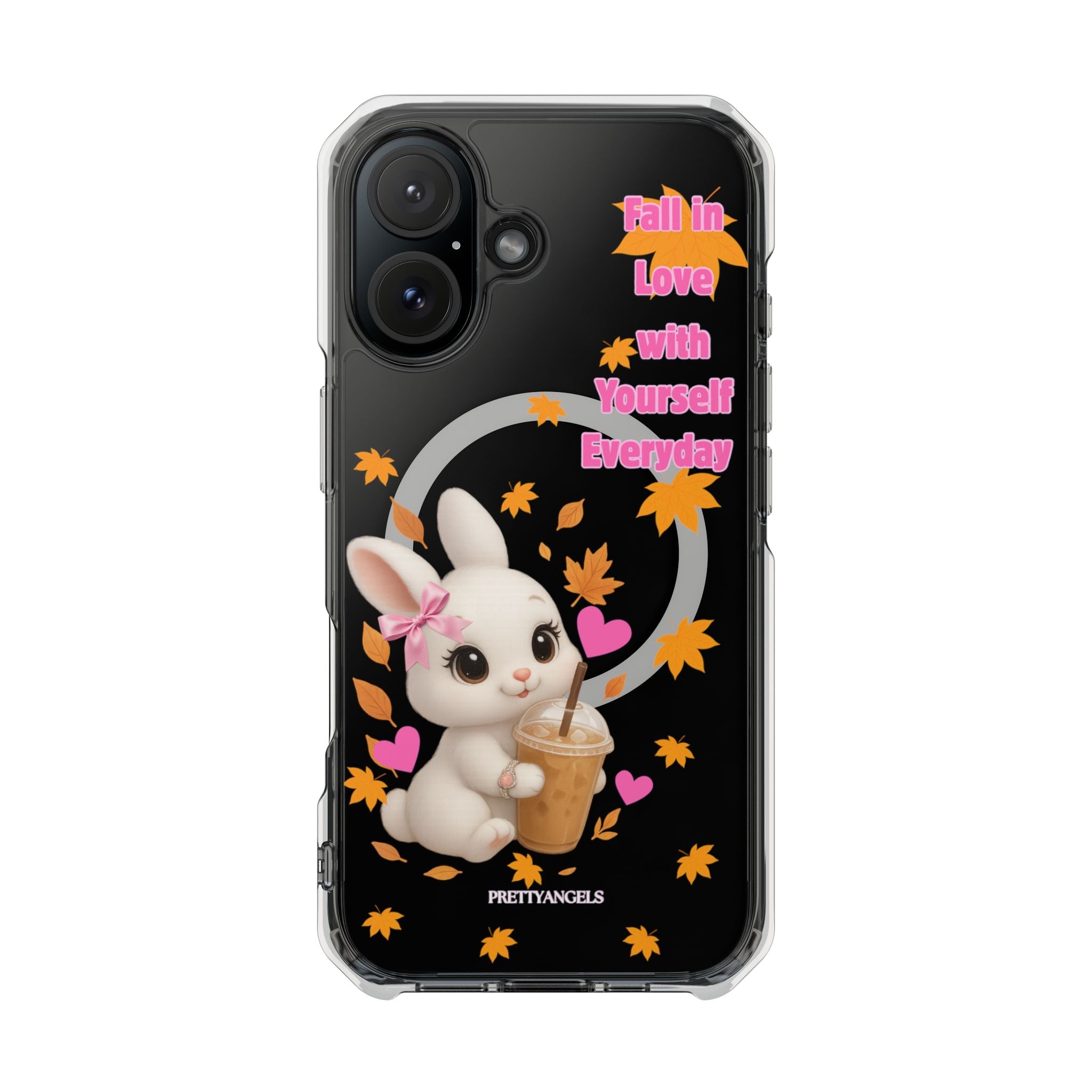Fall in Love with Yourself Everyday – Cute White Bunny MagSafe iPhone Case with Hearts & Autumn Leaves, Luxury Aesthetic Clear Phone Cover