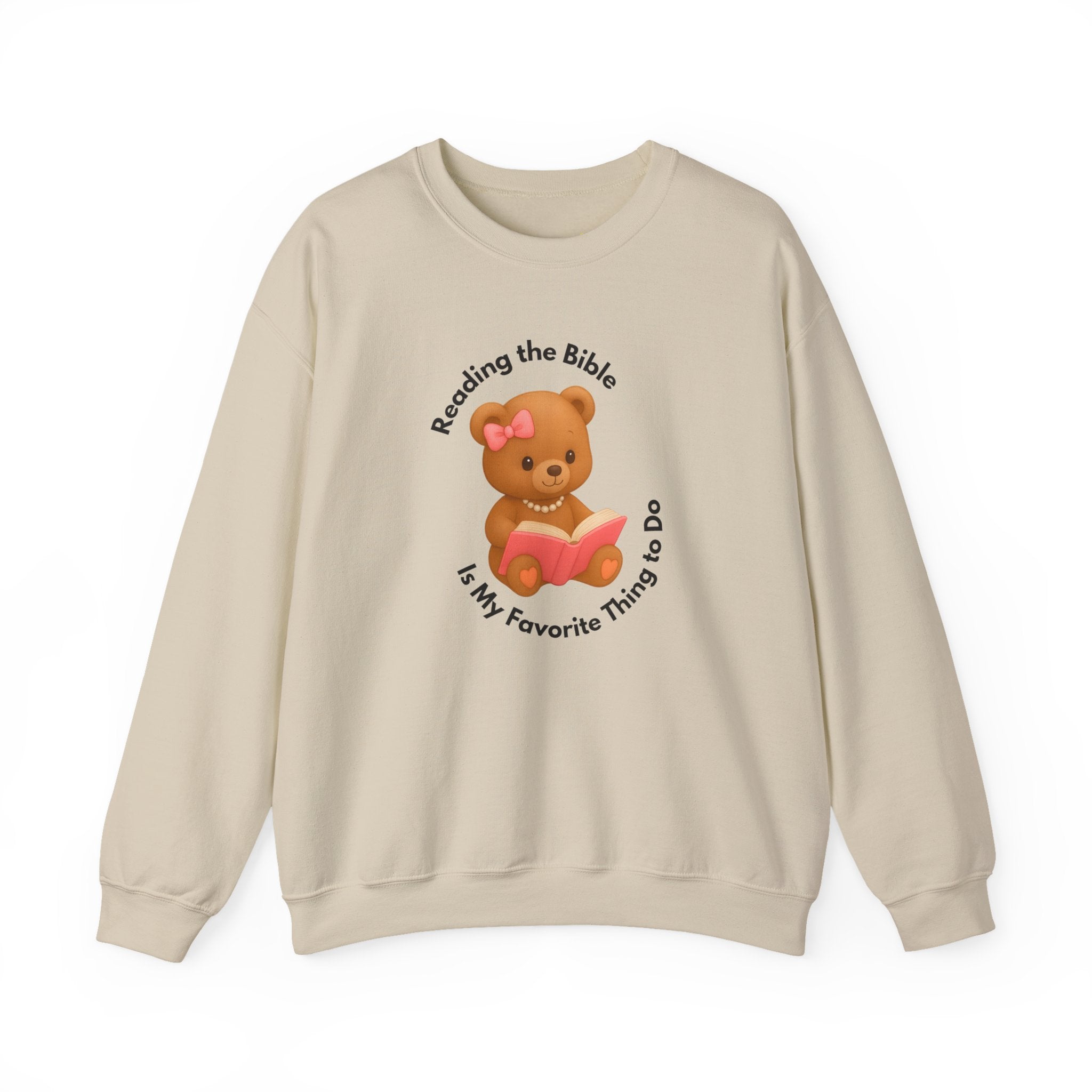 “Reading the Bible Is My Favorite Thing to Do” Teddy Bear Sweatshirt – Cute Girly Sweater in White, Ash, Sand, Sport Grey & Light Pink | Cozy Faith Aesthetic | Blessed Girl Gift