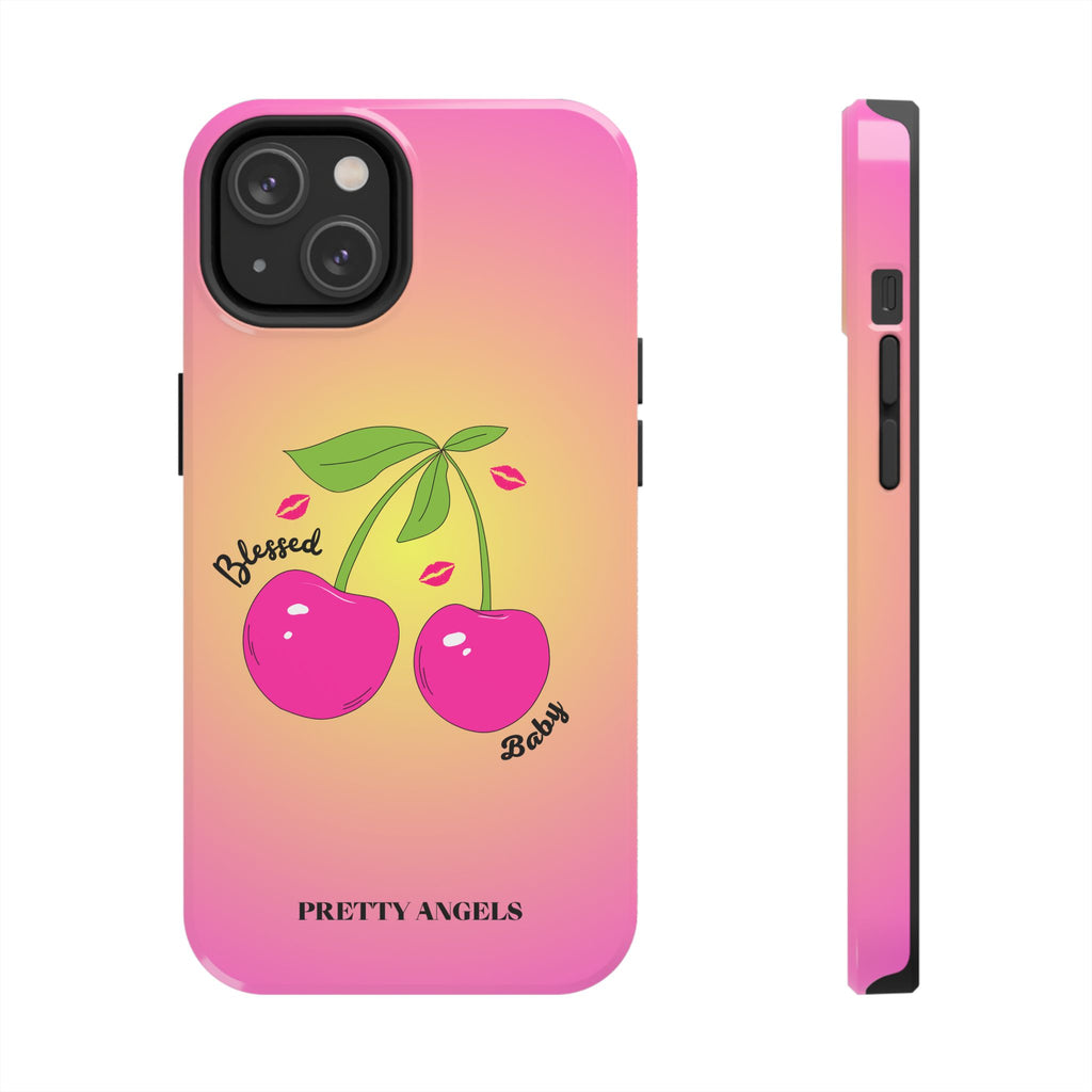 Blessed Baby Sunset Cherry Phone Case — Cute Hot Pink Cherry & Kisses