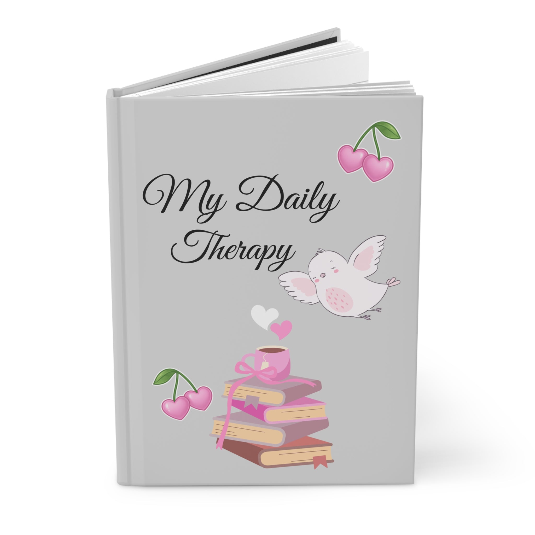 “My Daily Therapy” Grey Hardcover Journal - 150 Lined Pages | Soft Girl Aesthetic Notebook with Flying Bird, Books, Pink Tea Cup and Heart Cherries | Cute Minimalist Mental Health Daily Planner