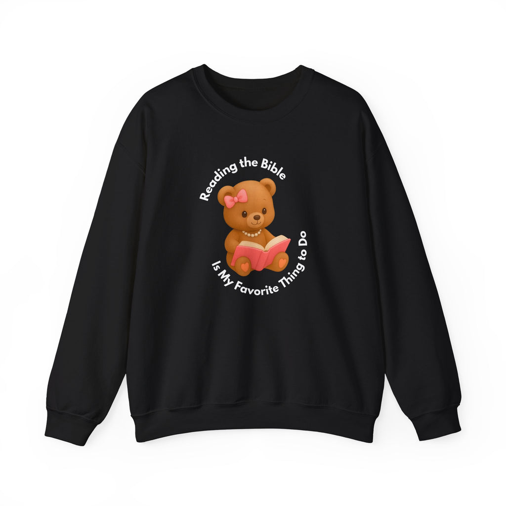 “Reading the Bible Is My Favorite Thing to Do” Cozy Sweatshirt – Cute Teddy Bear With Pink Bow, Pearl Necklace & Pink Book | Girly Aesthetic Faith Sweater | Comfy Cute Gift for Girls