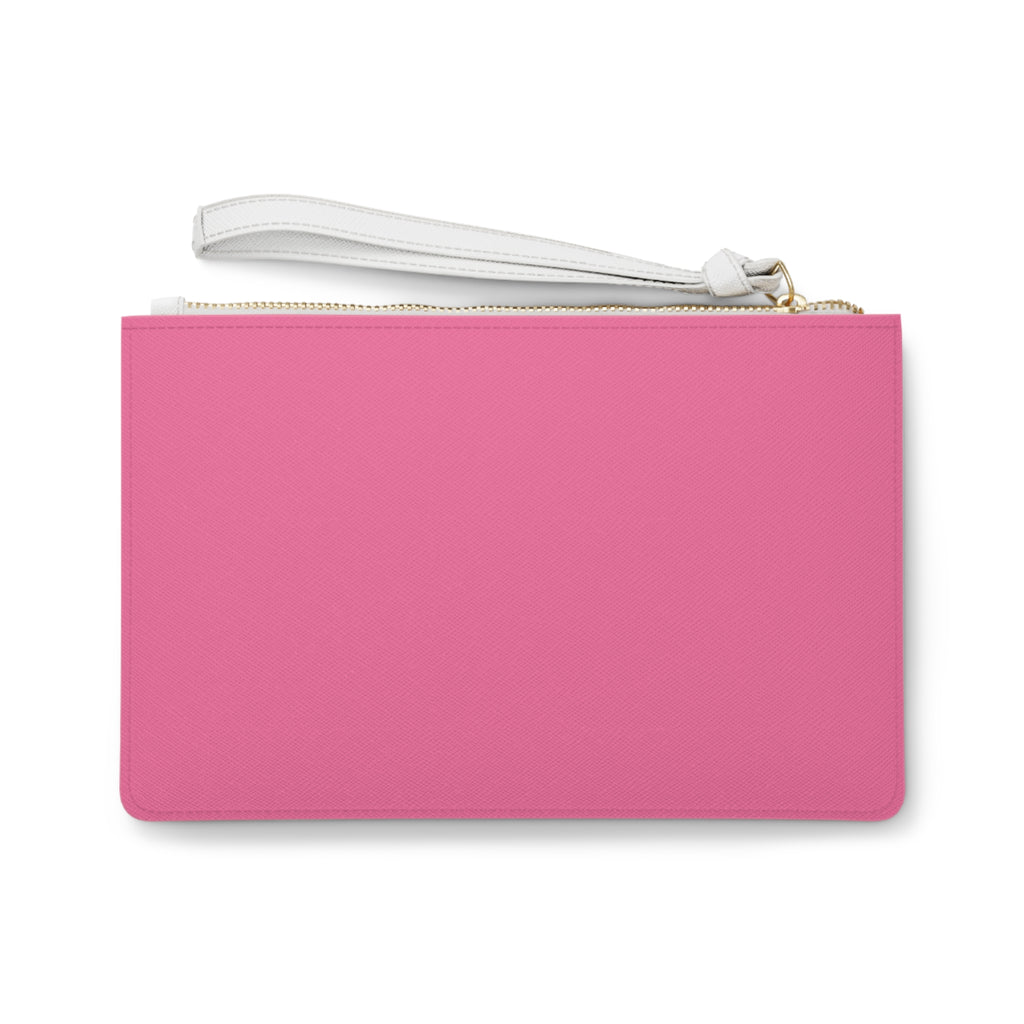 Luxury Pink Polyurethane Leather Clutch Purse with Wrist Strap – “Bonita y Fresita” Makeup Bag with Gold Zipper, Strawberries & Kisses (9.5” x 6.6”)