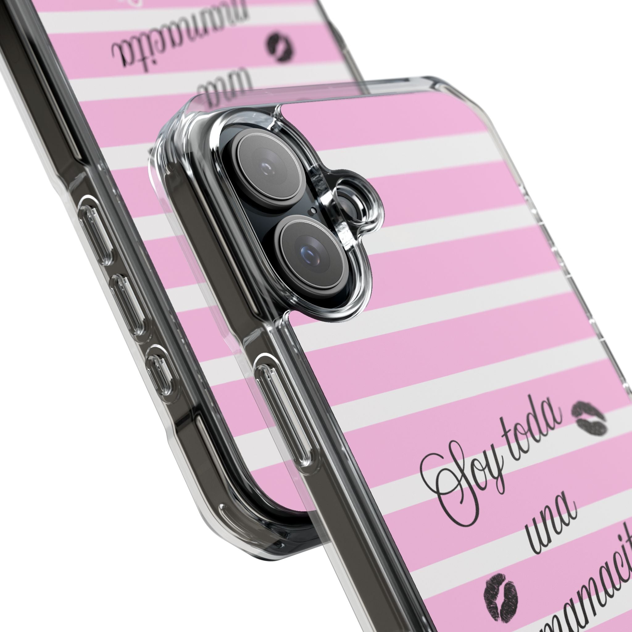 “Soy Toda Una Mamacita” MagSafe Clear Phone Case - Pink & White Striped | Latina Baddie Magnetic Impact Cover