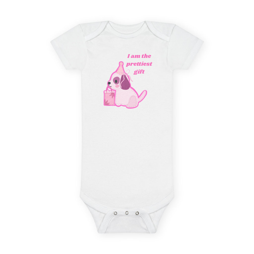 “I Am the Prettiest Gift”™ Pink Puppy Baby Girl Birthday Onesie – Adorable Gerber® Cotton Bodysuit for Stylish Moms