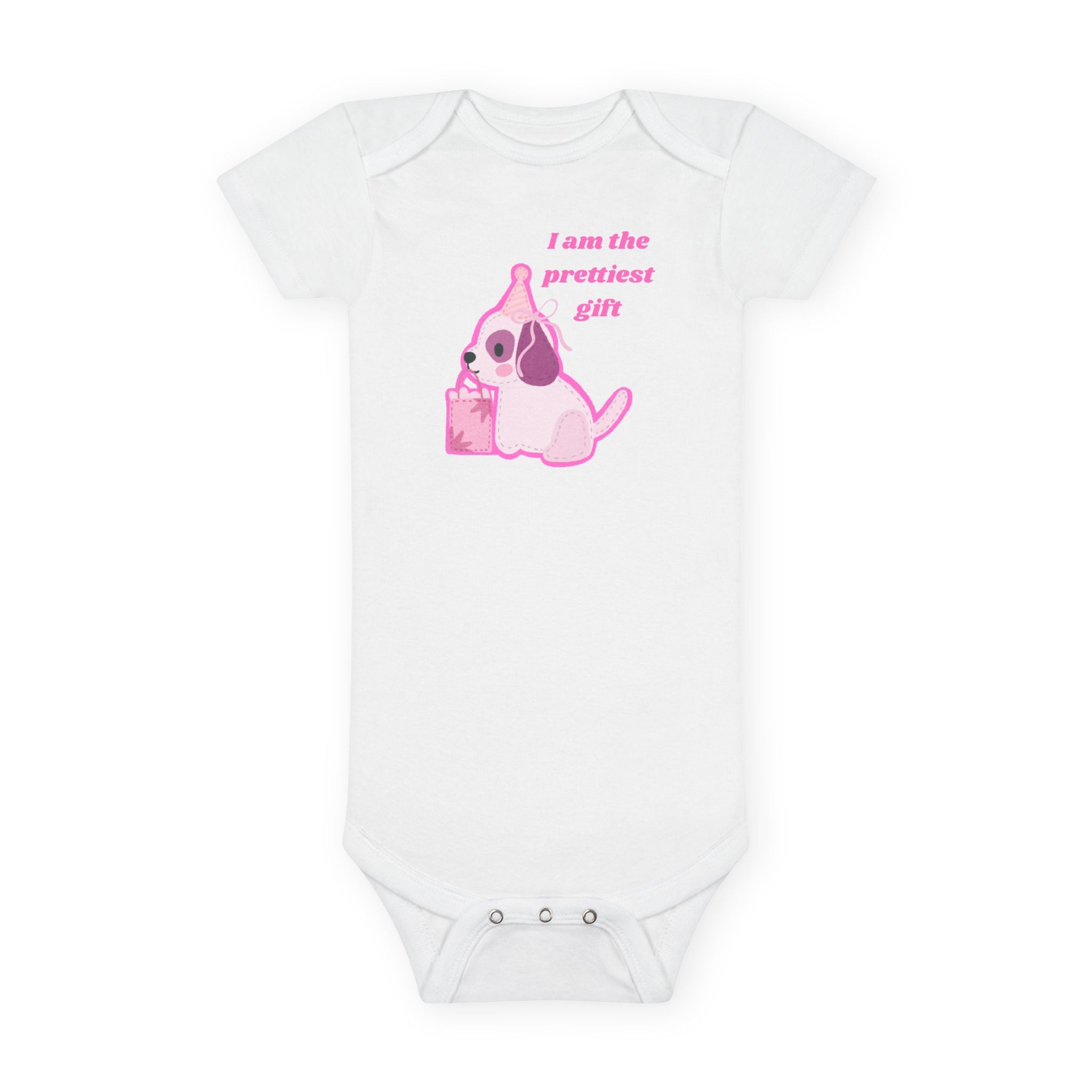 “I Am the Prettiest Gift”™ Pink Puppy Baby Girl Birthday Onesie – Adorable Gerber® Cotton Bodysuit for Stylish Moms