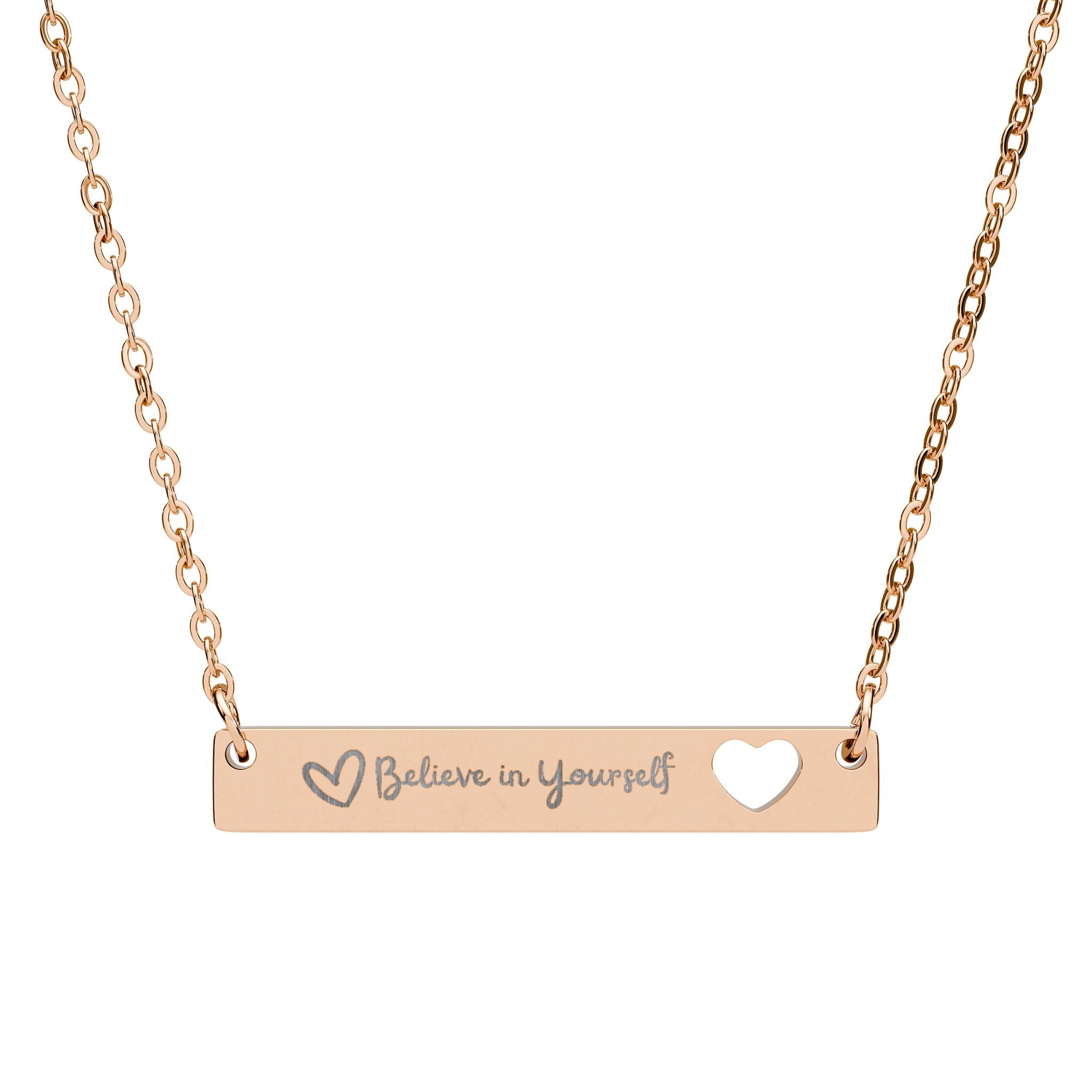 Believe In Yourself™ Engraved Bar Necklace – Handwriting Script Bar Pendant with Heart Cutout (316L Stainless Steel, Minimalist Aesthetic Jewelry)