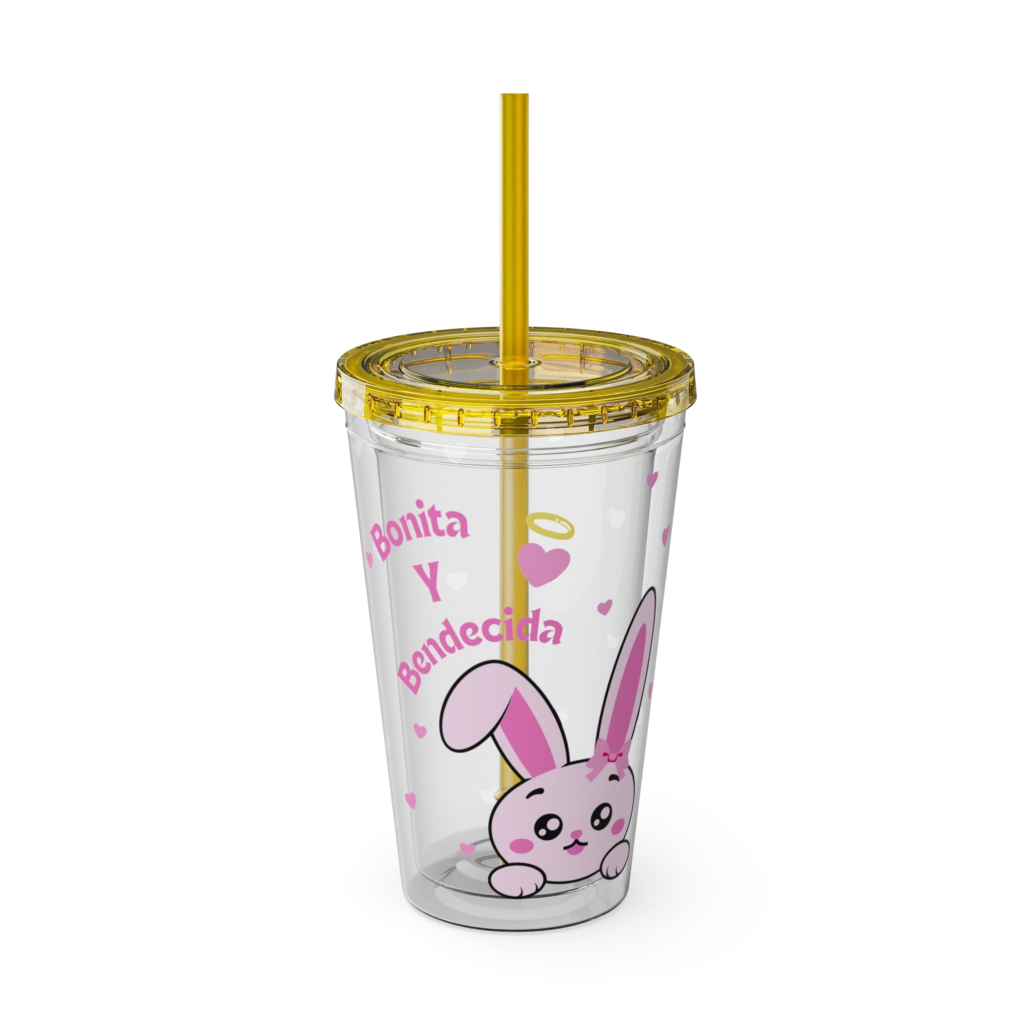 Bonita y Bendecida Tumbler - 16oz Clear Acrylic Cup with Pink Bunny Bow & Heart Patterns | Girly Faith Cup for Confident Latina Baddies