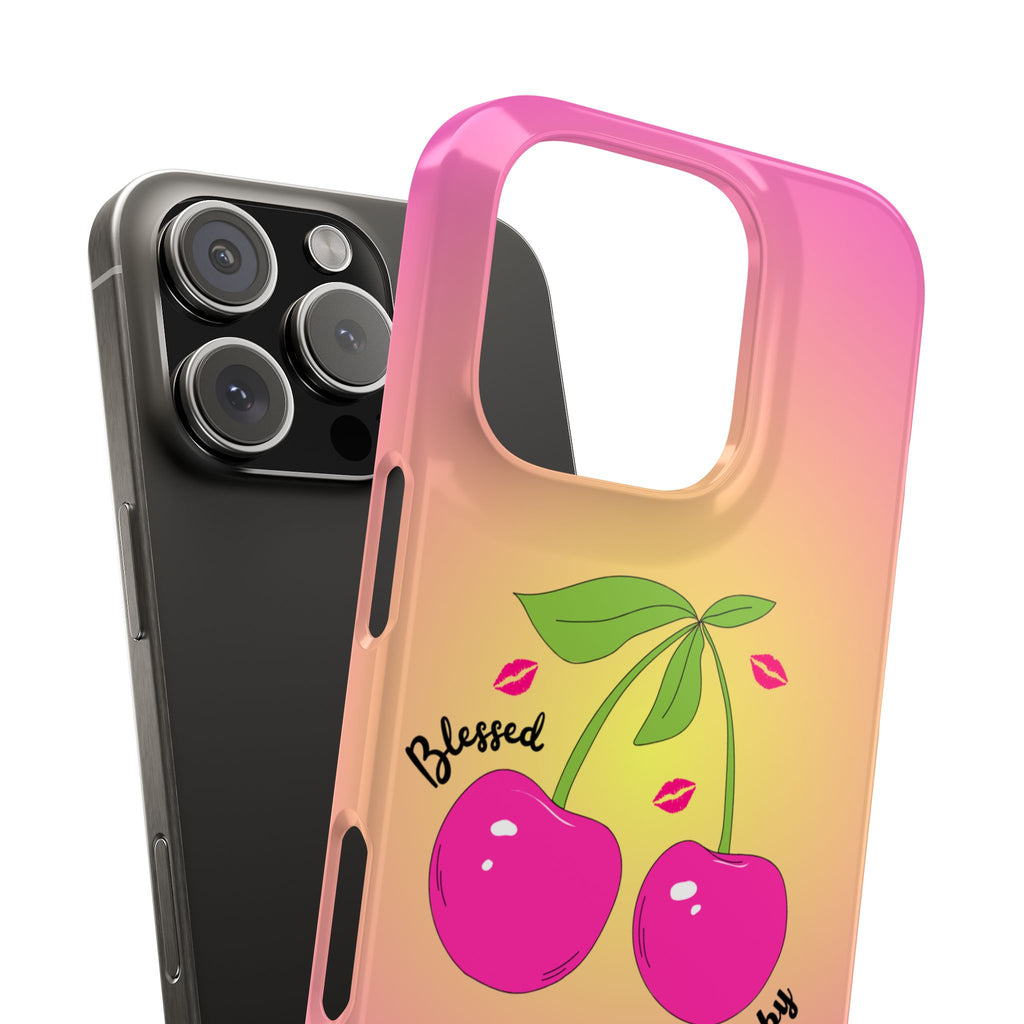 “Blessed Baby Pink & Yellow Ombré Phone Case - Slim Barbie Aesthetic Cover with Hot Pink Cherries and Kisses”