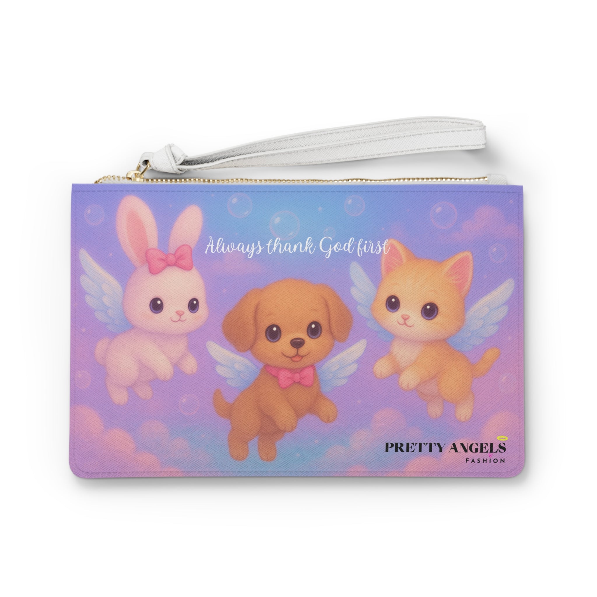 Luxury “Always Thank God First” Cute Angel Baby Animals Clutch Bag - Girly Pink Handbag with Bunny, Puppy, & Kitten, Faith-Based Purse with Wrist Strap