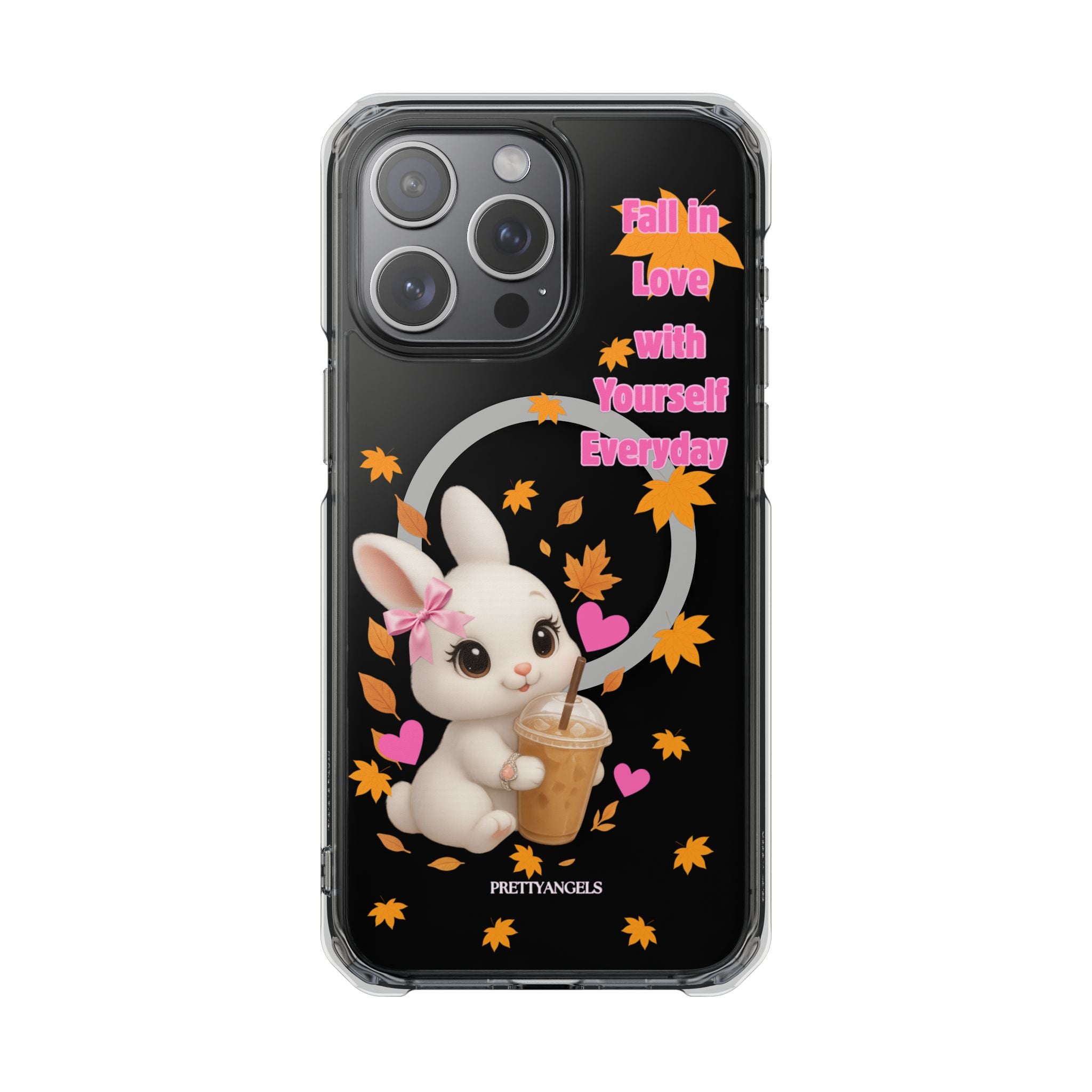 Fall in Love with Yourself Everyday – Cute White Bunny MagSafe iPhone Case with Hearts & Autumn Leaves, Luxury Aesthetic Clear Phone Cover