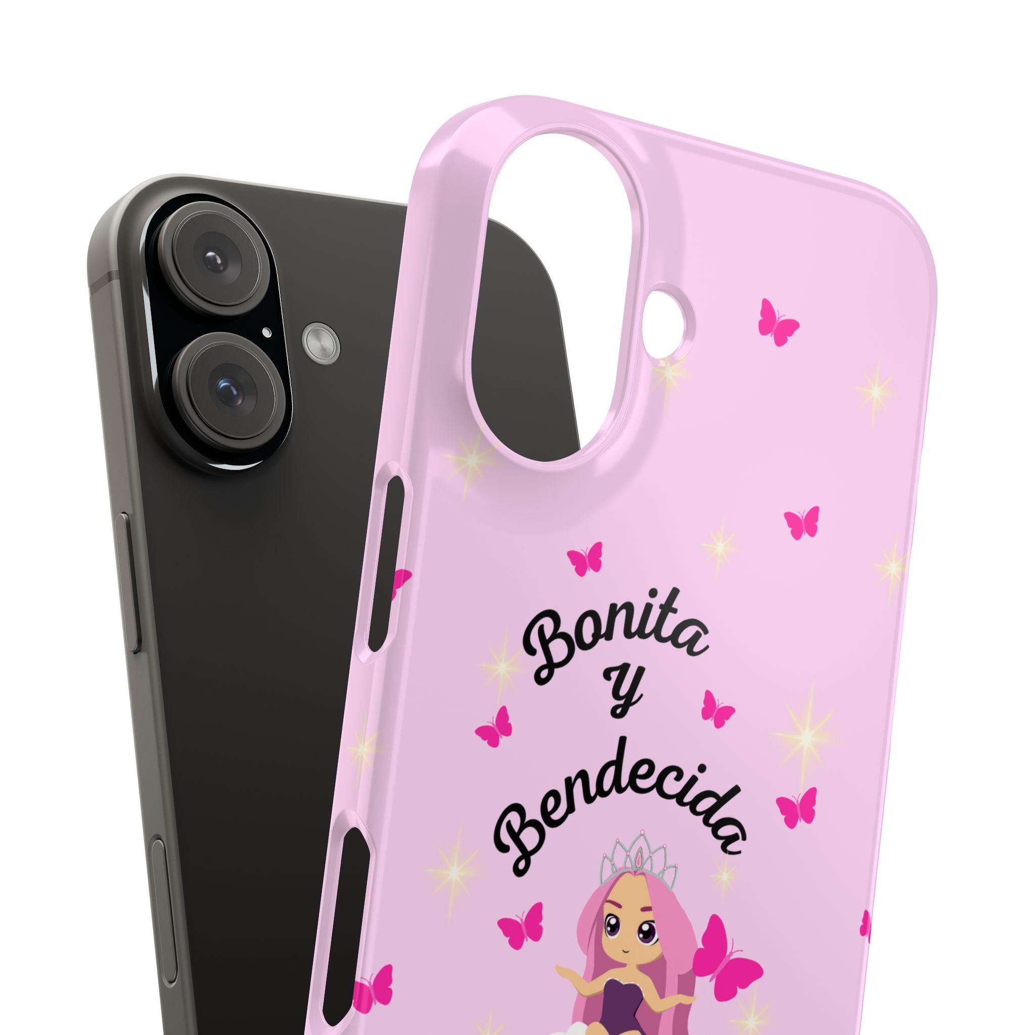 “Bonita y Bendecida Funda Rosa - Estuche Slim Protector con Muñeca Estilo Lisa Frank, Nubes y Mariposas Rosas”
