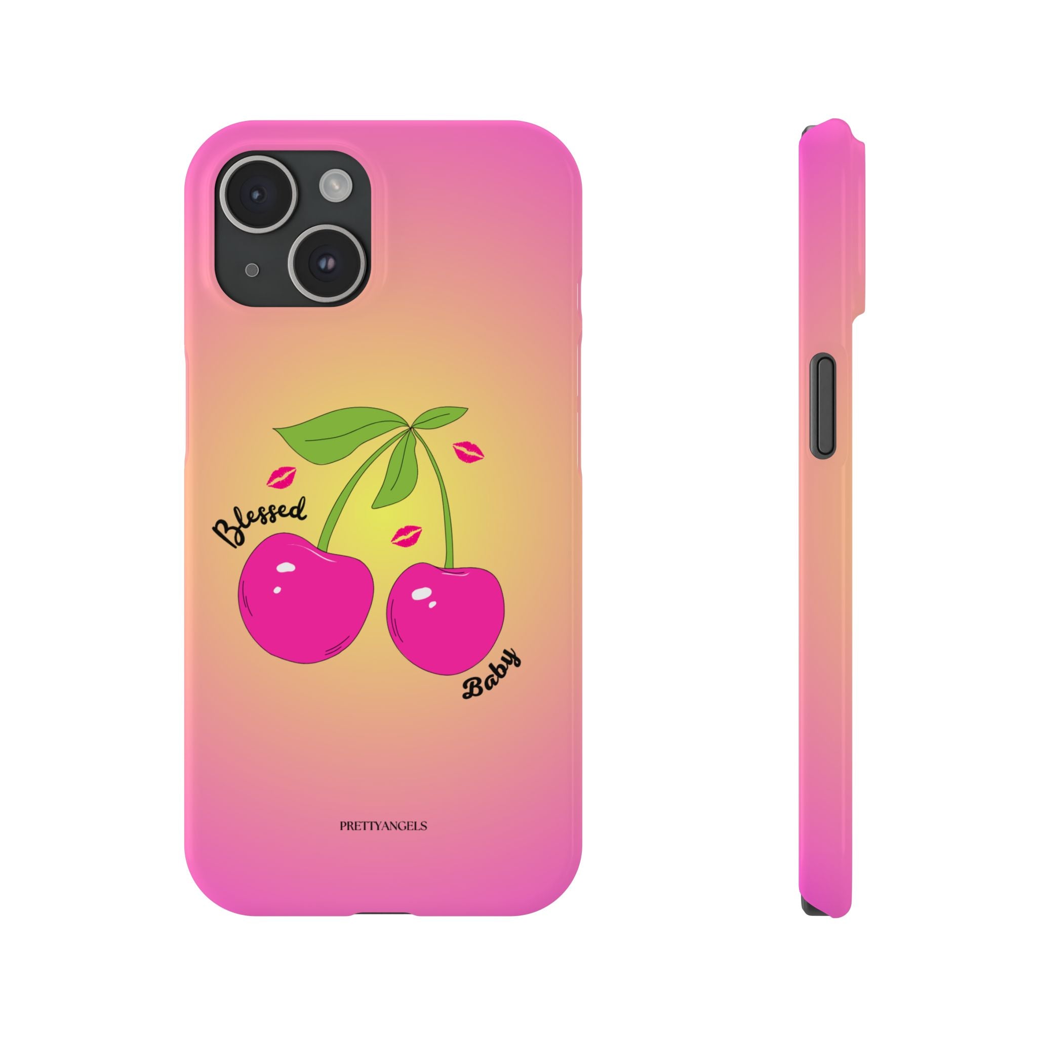 “Blessed Baby Pink & Yellow Ombré Phone Case - Slim Barbie Aesthetic Cover with Hot Pink Cherries and Kisses”