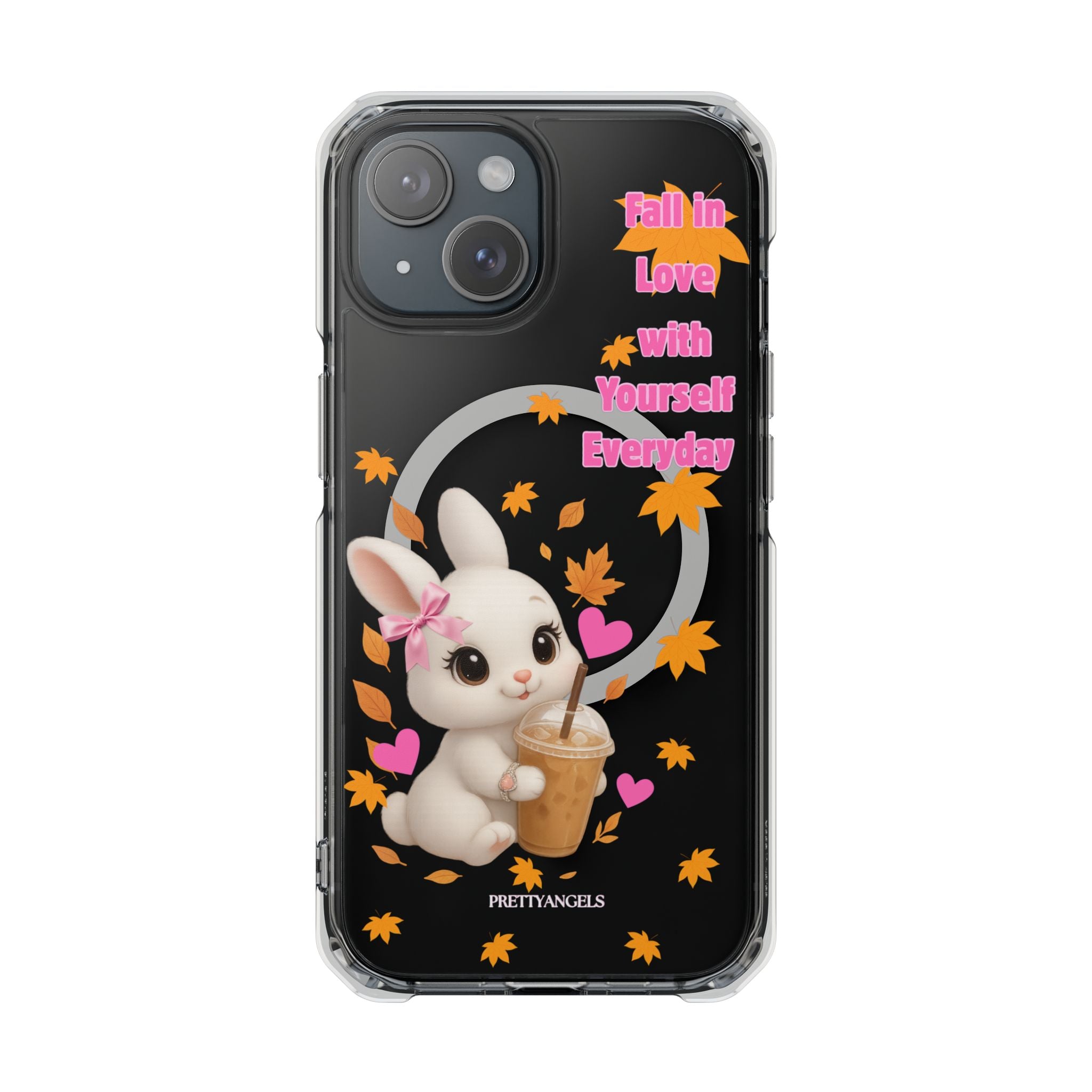 Fall in Love with Yourself Everyday – Cute White Bunny MagSafe iPhone Case with Hearts & Autumn Leaves, Luxury Aesthetic Clear Phone Cover