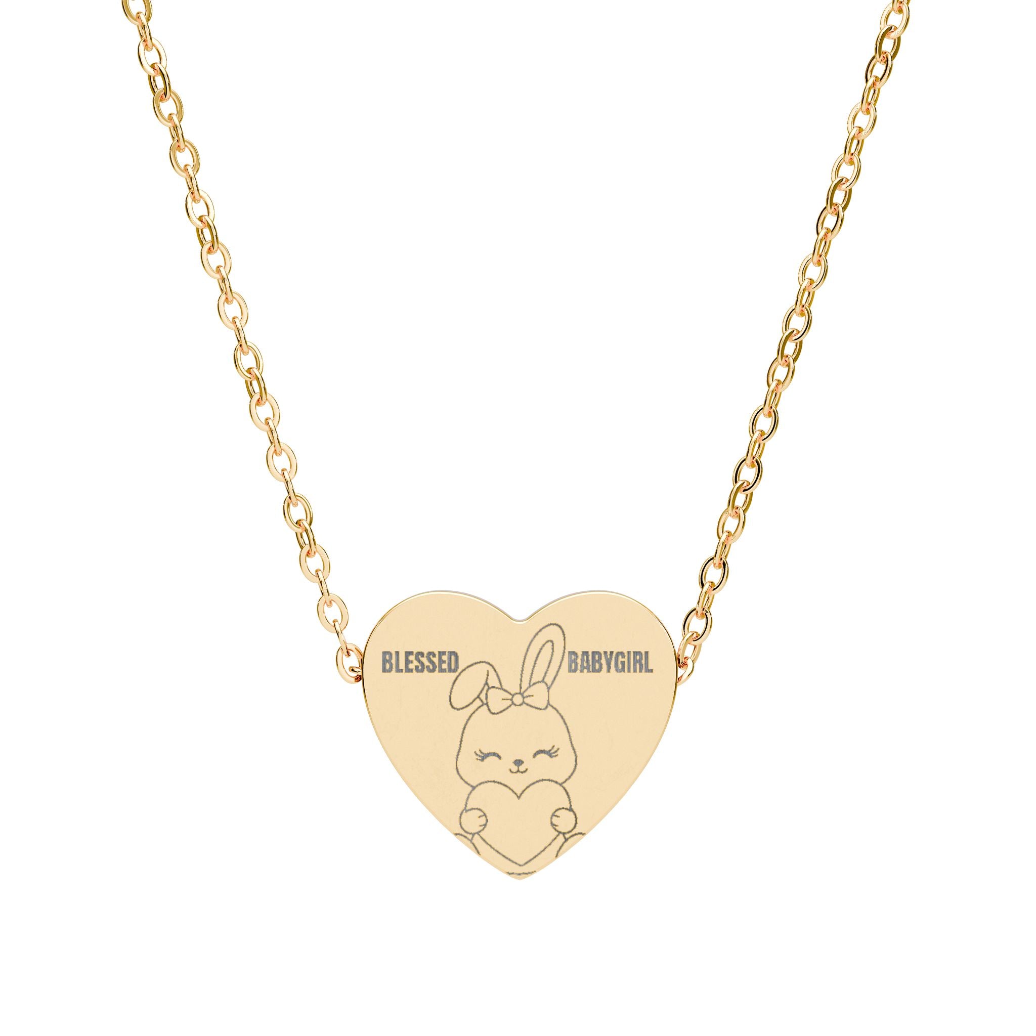 Blessed Babygirl Heart Necklace — Engraved Bunny Pendant