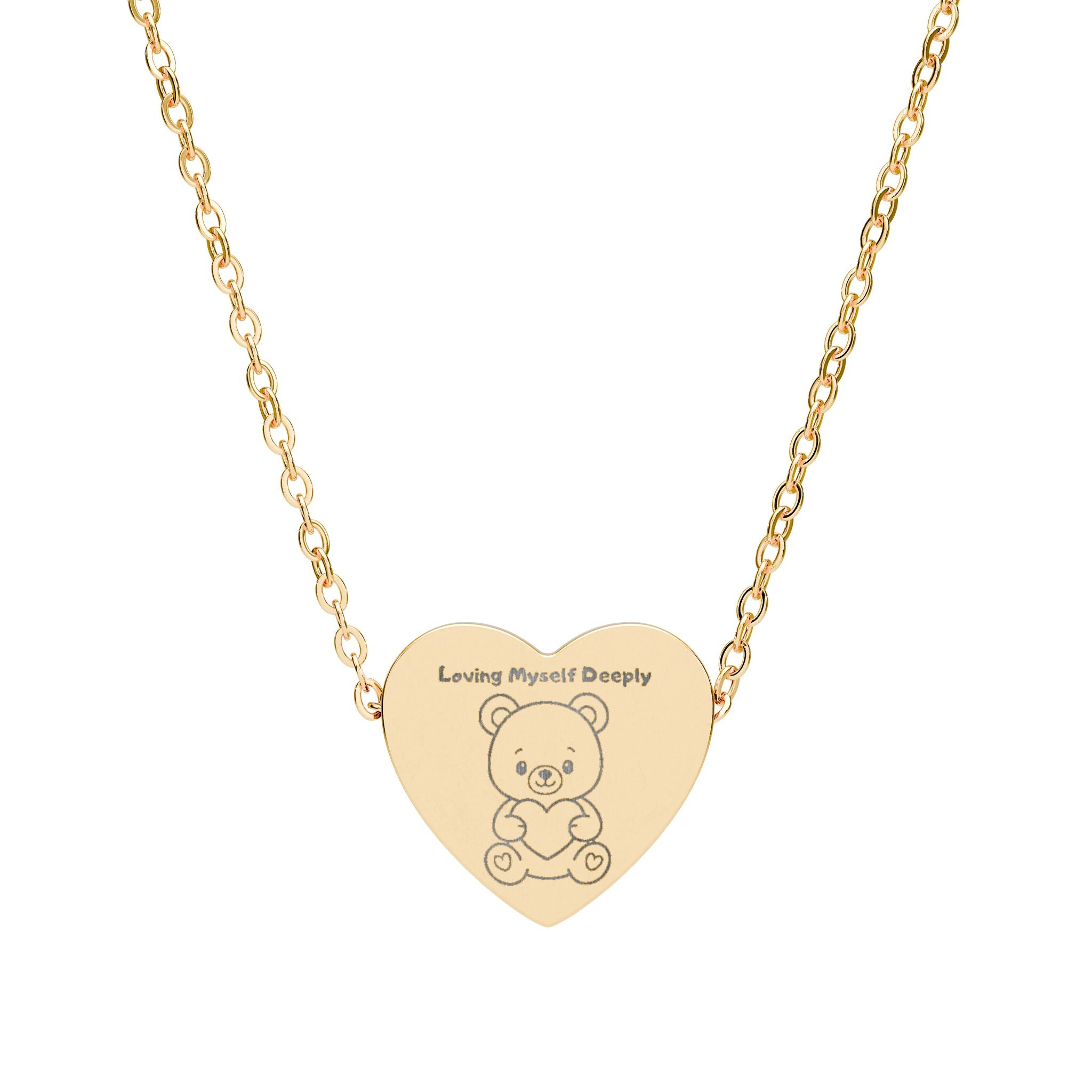 Loving Myself Deeply Heart Necklace — Cute Teddy Bear Engraved Pendant