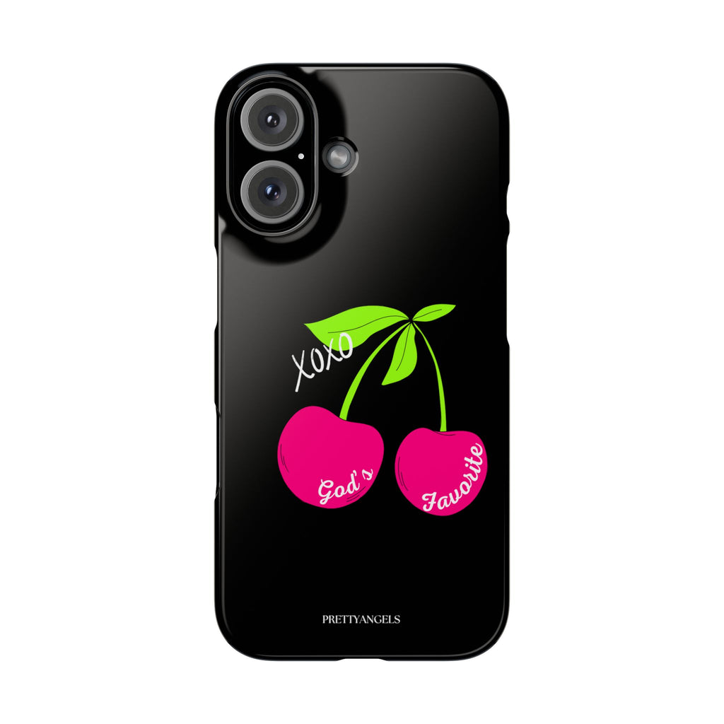 “God’s Favorite Black Slim Phone Case - Lightweight Protective Cover with Hot Pink Cherries for Rich Blessed Baddies”