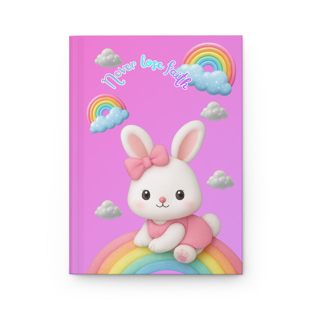Never Lose Faith Hardcover Journal — Cute Baby Bunny on Rainbow